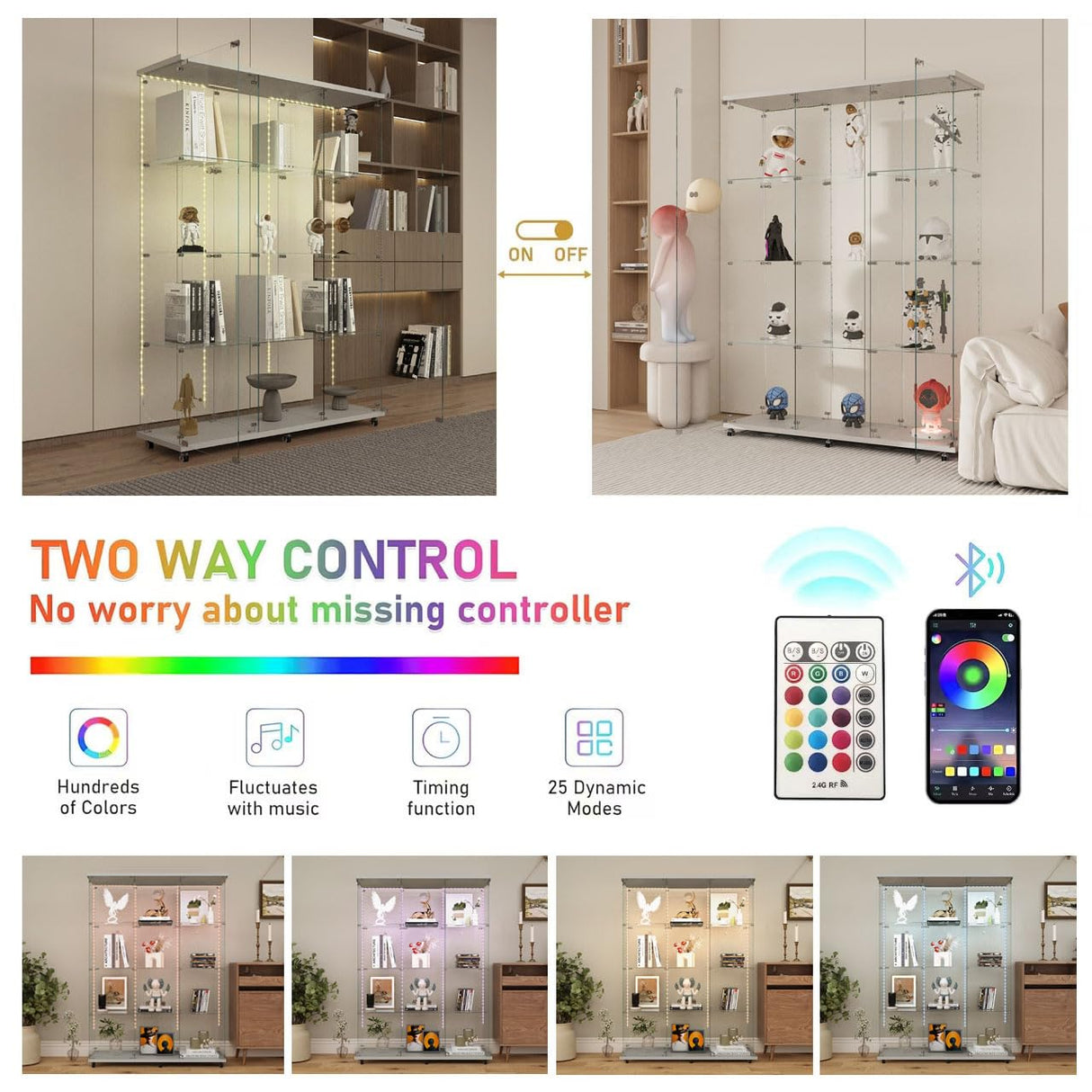 lunhung 3 Column 2 Doors Glass Display Cabinet with LED Lights & Wheels, 4-Shelf Removable Curio Cabinet w/ Lock & Glass Shelves, 65"H Floor Standing Bookshelf Storage Showcase for Living room (White) lunhung