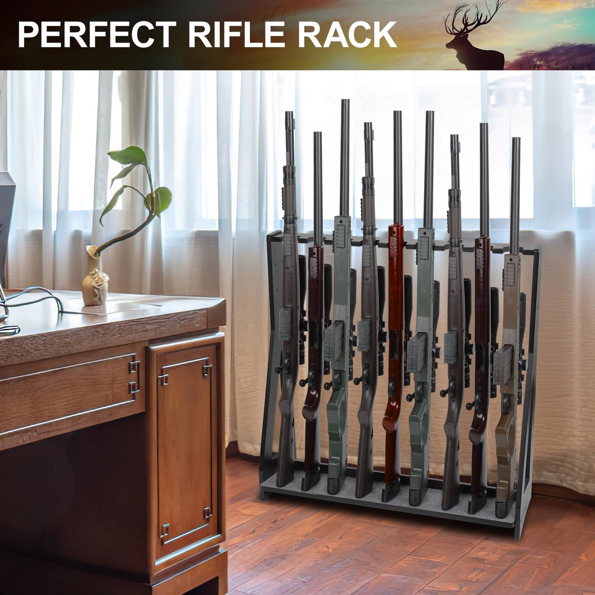 Xnwouco Gun Rack, Freestanding Rifle Gun Rack, Wooden Adjustable Rifle Stand Holds up 9 Long Guns, Gun Display Stand with Anti-scratch Padding, Rifle Storage Holder for Home, Garage, Black Xnwouco