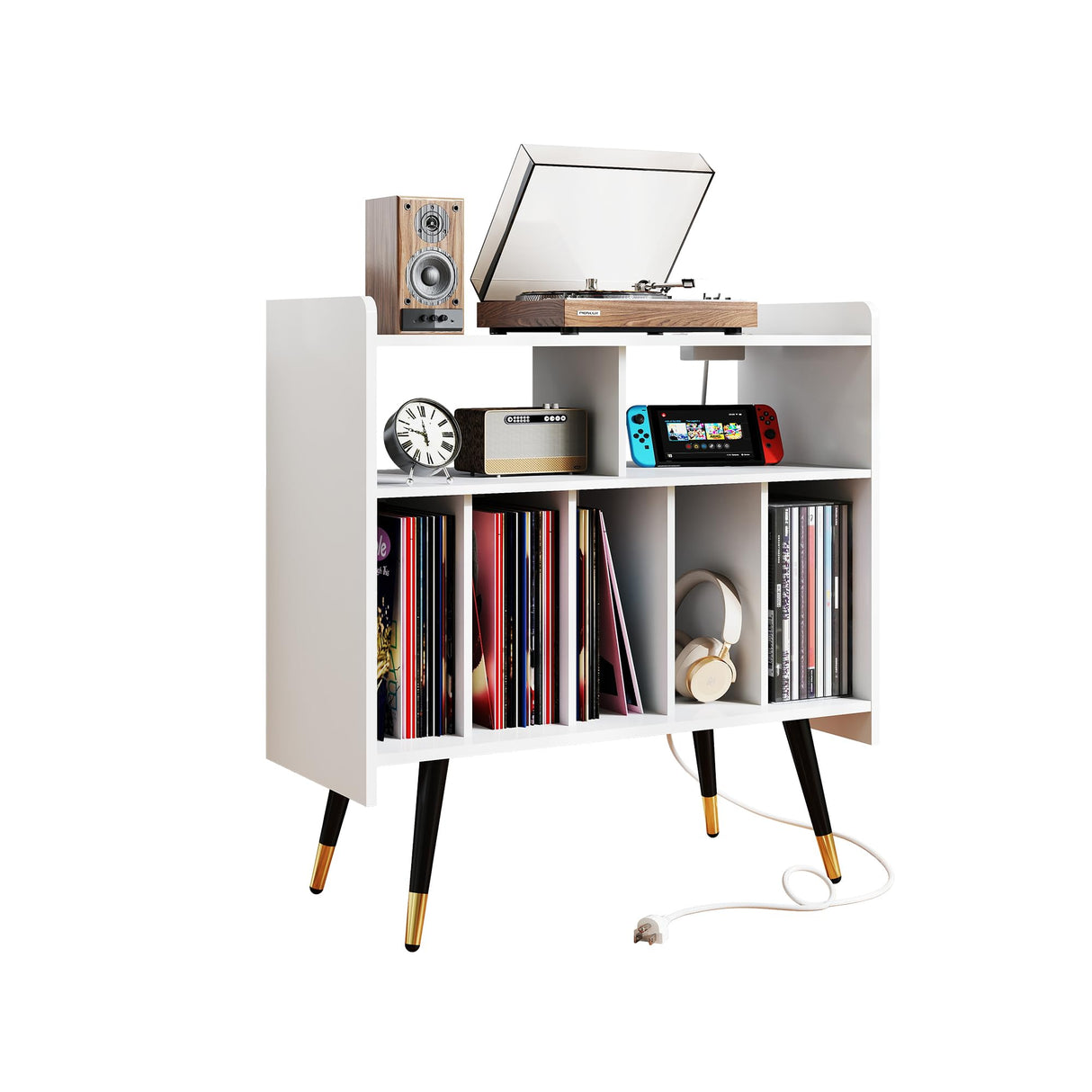 LABROSKIA Record Player Stand with Vinyl Storage: White Wooden Cabinet for Turntable, Modern Media Console, Stereo LP Holder, Album Display Shelf with USB and Outlet (White) LABROSKIA