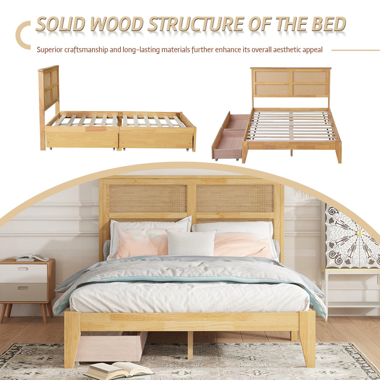 anwickjeff Boho King Size Bed Frame with Natural Rattan Headboard, Wooden Platform Bedframe, Under Bed Spacious Storage, No Box Spring Needed (Natural, King) anwickjeff