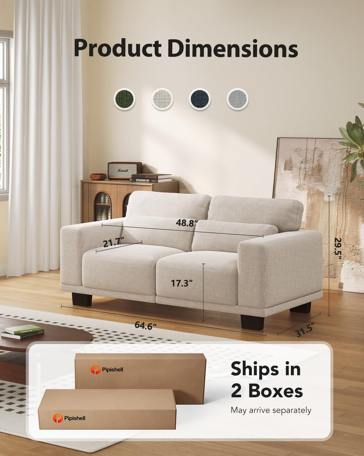 Pipishell Loveseat Couches for Living Room, 65" Modern Couch with Deep Seats and Wide Armrests, Comfortable Love Seat Sofa with Sturdy Frame, Easy to Clean with Removable Covers, White Pipishell