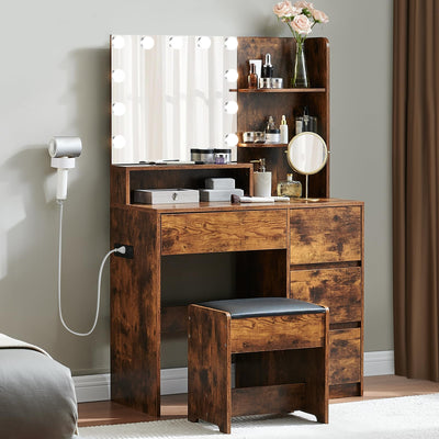 Alaxgumrol Vanity Desk with Mirror and Lights- Makeup Vanity Table Set with Power Outlet, 4 Drawers and Stool, Small Makeup Table with 3 Lighting Color Adjustable for Bedroom Vintage Brown