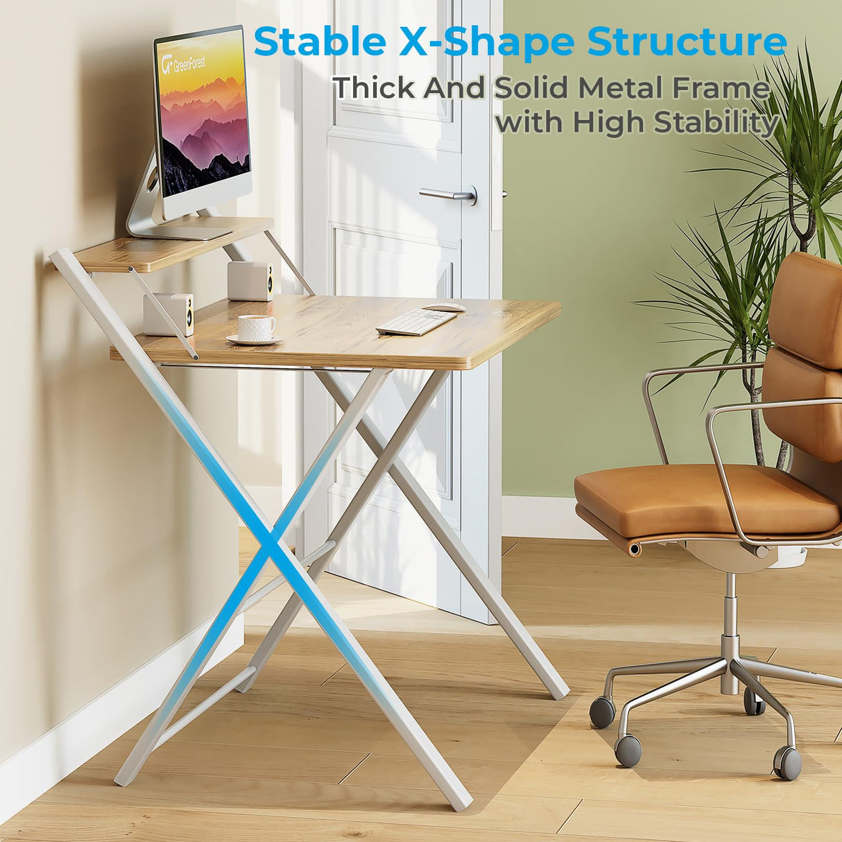 GreenForest Folding Desk No Assembly Required Small Size, 2-Tier Foldable Computer Desk with Shelf for Home Office, Space Saving Portable Laptop Study Foldable Table for Small Spaces, Oak GreenForest