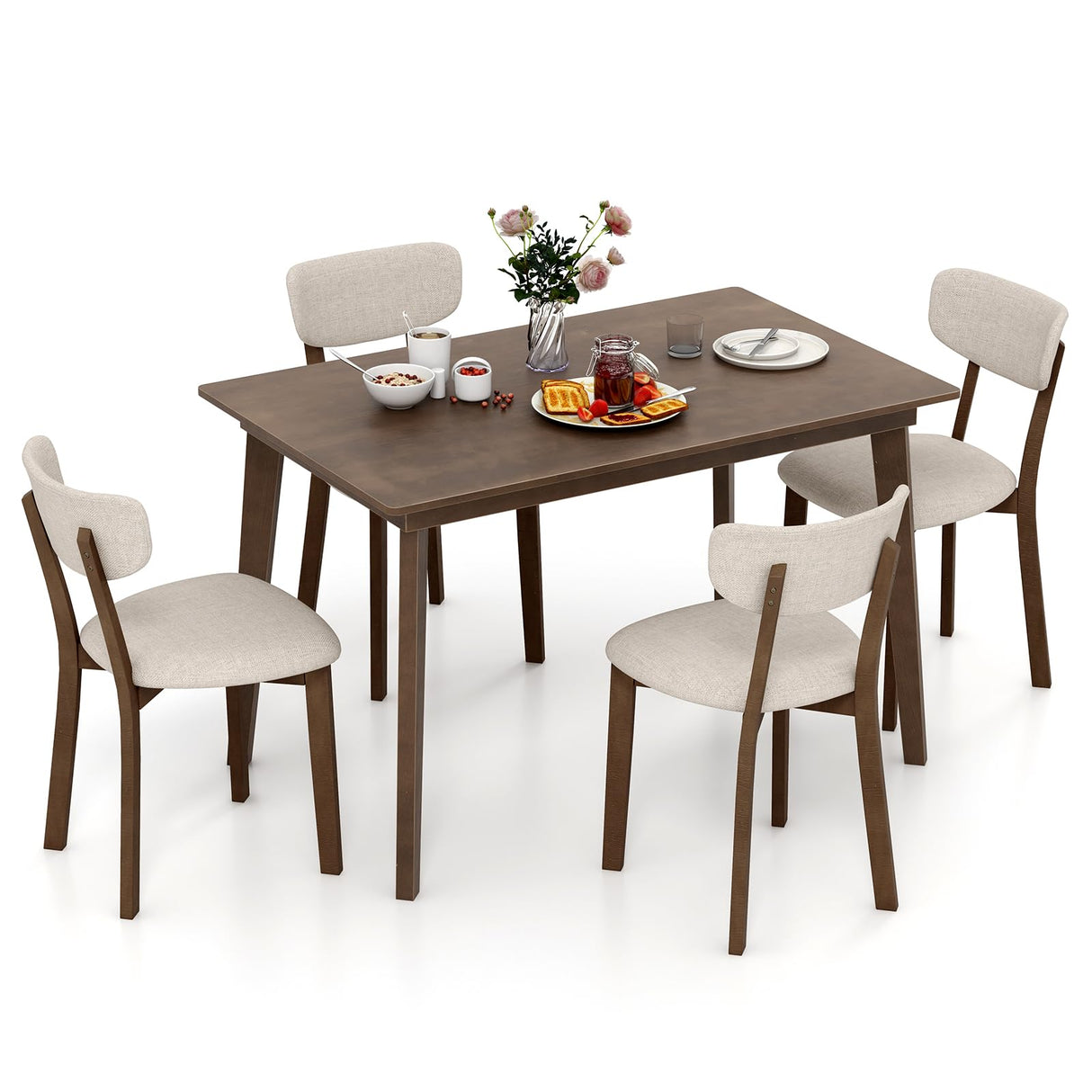 Tangkula Dining Table Set for 4, Dinette Set with Table and 4 Padded Seat, Rubber Wood Legs, Curved Backrest, Mid-Century Modern Kitchen Table Chairs Set of 4 for Living Room, Dining Room Tangkula