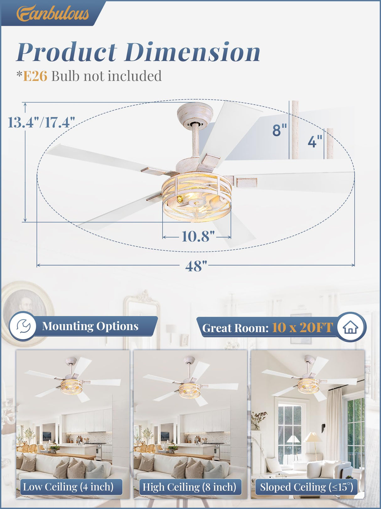 Farmhouse Ceiling Fans with Light, 48 Inch Bedroom Ceiling Fan with Lights, 6-Speed Adjustable, Quiet and Reversible DC Motor, 5 Dual Finish Blades, Rustic Caged Ceiling Fan,White and Gold Color Fanbulous