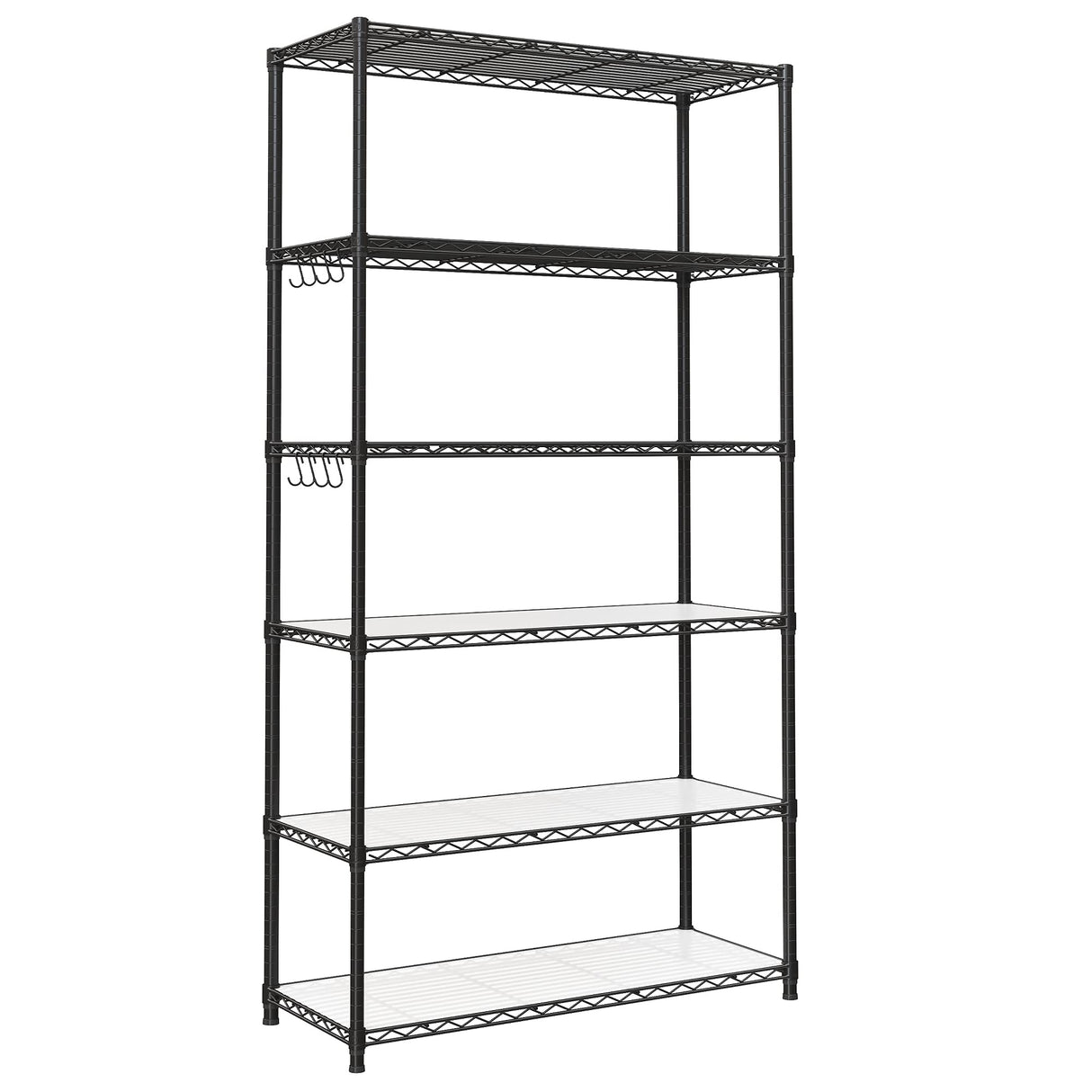 SONGMICS 6-Tier Storage Shelves, Wire Shelving Unit, Kitchen Metal Shelves, Storage Rack with Adjustable Shelves, Shelf Liners, 8 Hooks, for Garage, 13.8 x 35.4 x 69.7 Inches, Black ULGR096B01 SONGMICS
