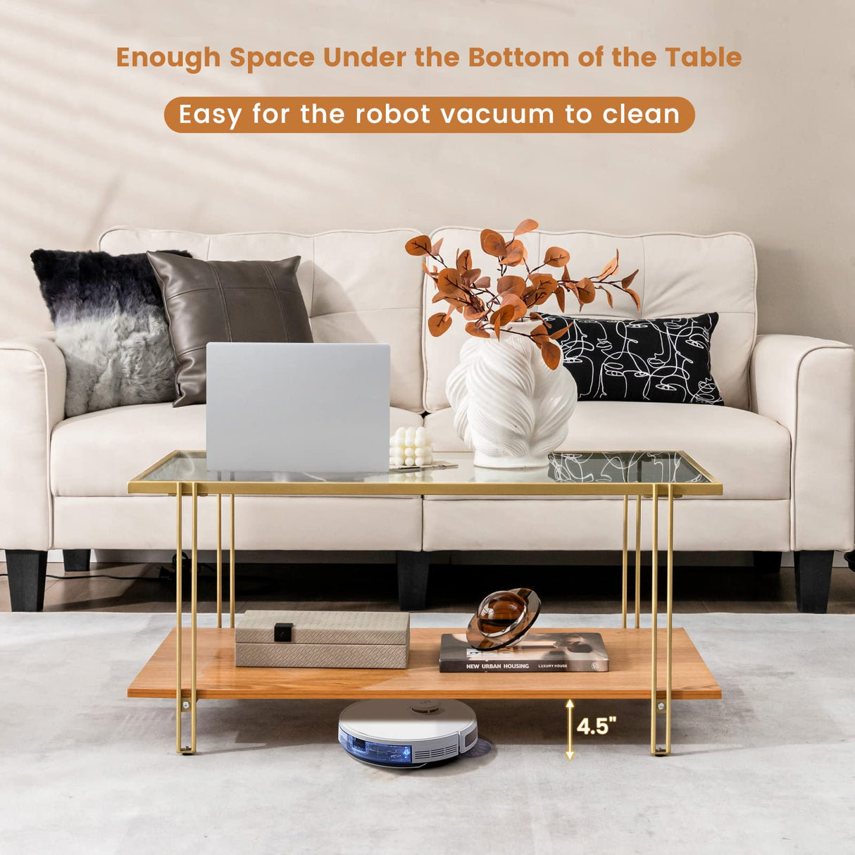 Tangkula Glass Coffee Table, 40In Mid Century 2 Tier Rectangle Coffee Table, Tempered Glass Top & Wood Storage Shelf, Steel Frame, Adjustable Feet, Modern Cocktail Accent Table for Living Room (Gold) Tangkula
