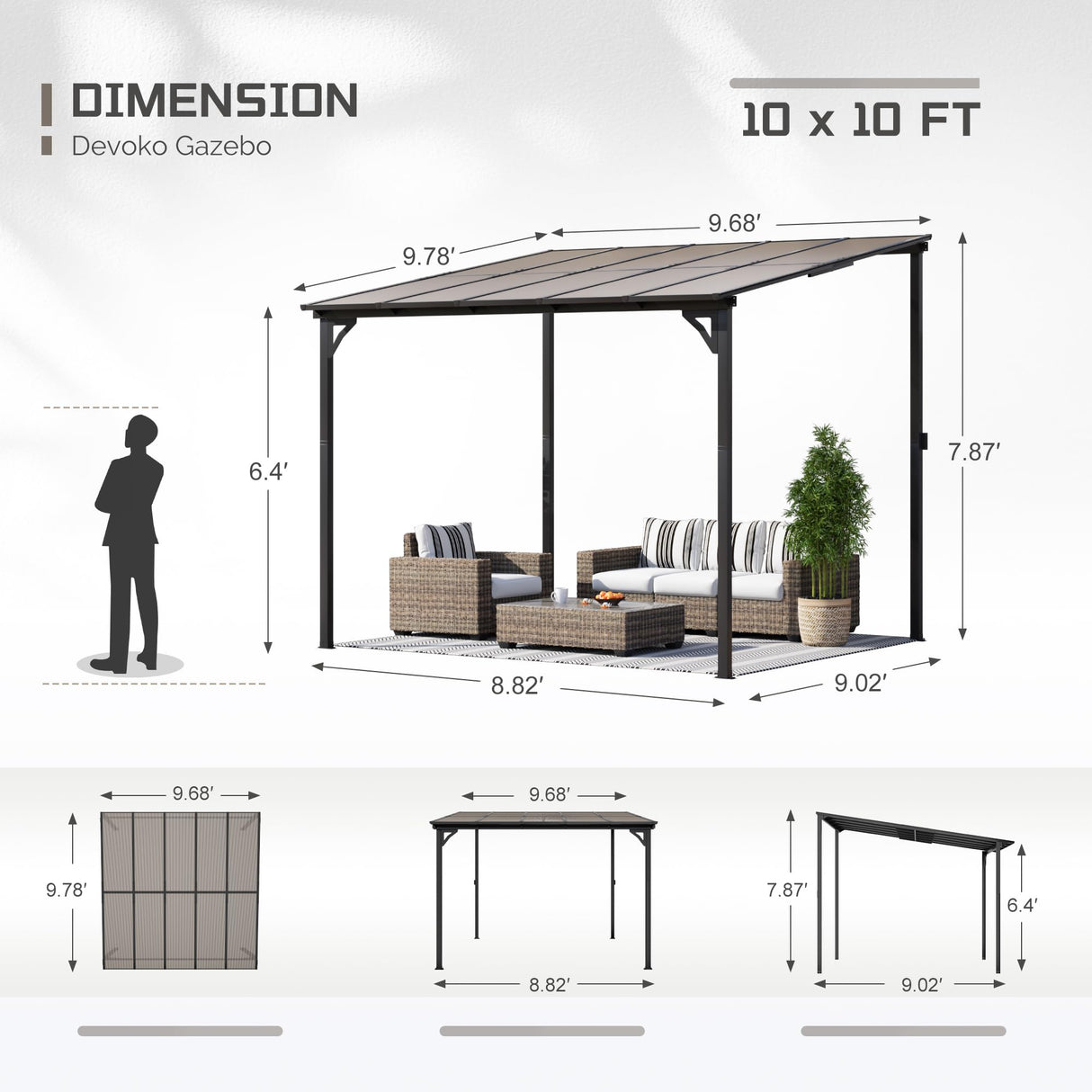 Devoko 10’x 10’ Gazebo for Patio, Lean to Gazebo Pergola on Clearance, Hardtop Wall-Mounted Gazebo with Awnings for Patio, Decks, Porch, Backyard Devoko