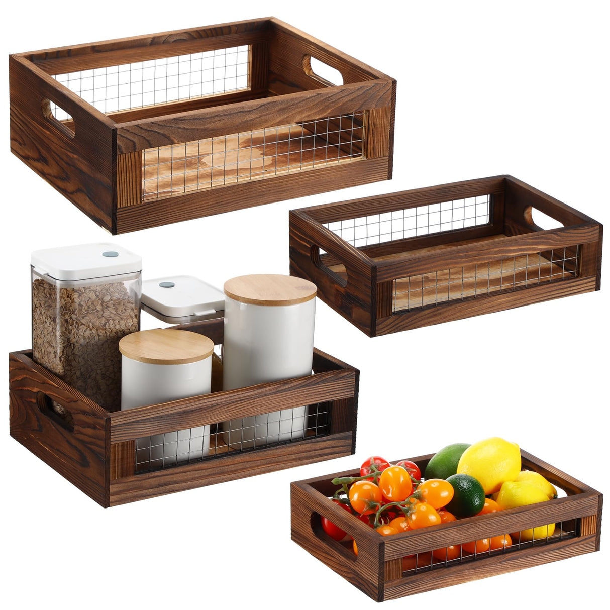 FillTouch 4 Pcs Wooden Nesting Countertop Baskets Set 4 Size Wooden Storage Box with Handles and Metal Wire Multipurpose Wood Organizer Crate for Fruit Vegetable Kitchen Cabinet Bathroom(Walnut) FillTouch