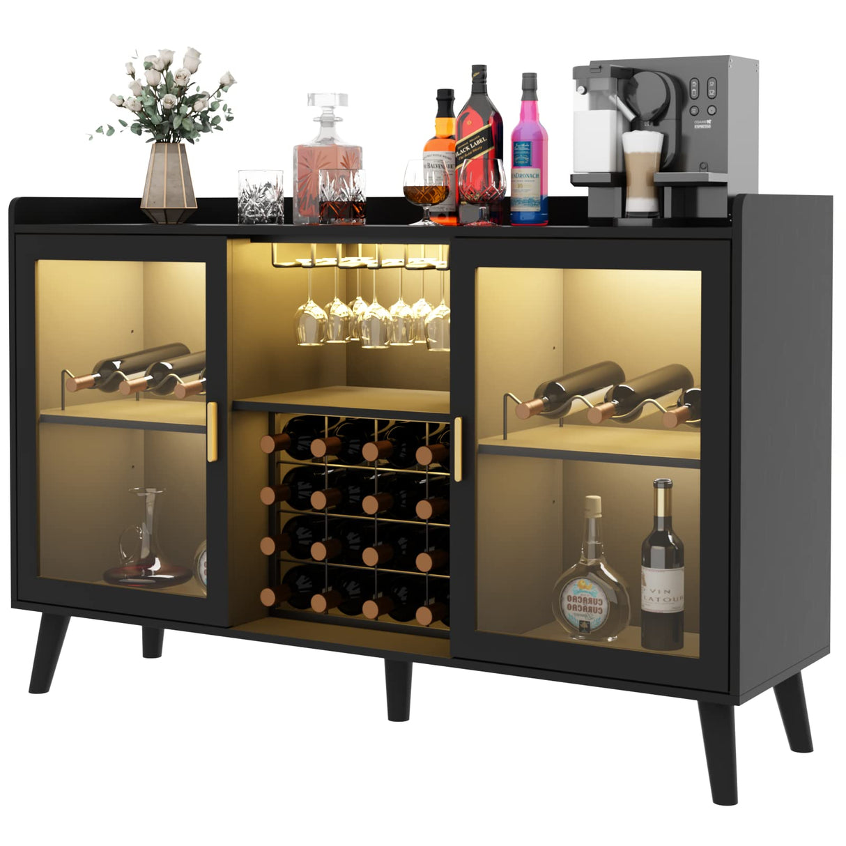 Auromie Wine Bar Cabinet with Led Light, Home Coffee Cabinet with Wine and Glass Rack, Kitchen Buffet Sideboard with Storage Shelves, Freestanding Liquor Cabinet for Living Room, Dining Room (Black) Auromie