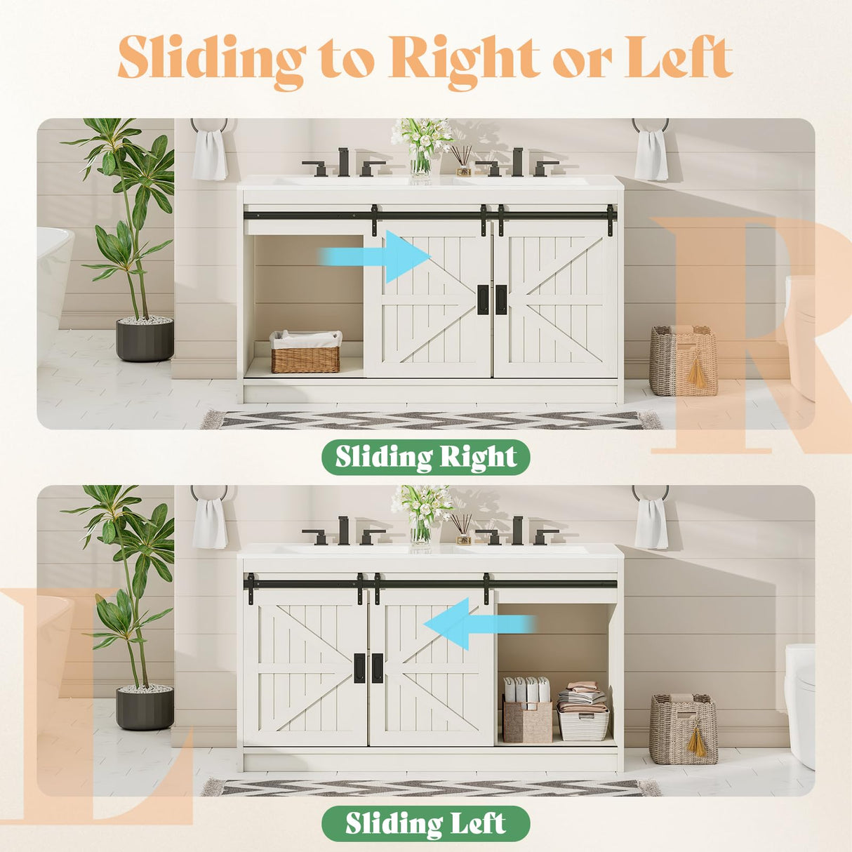 AMERLIFE 61" Farmhouse Double Bathroom Vanity with Sink Combo, Dual Basin Bathroom Storage Cabinet with Sliding Barn Doors & Drawers, Large Double Bath Vanity Sink Set, Rustic White AMERLIFE