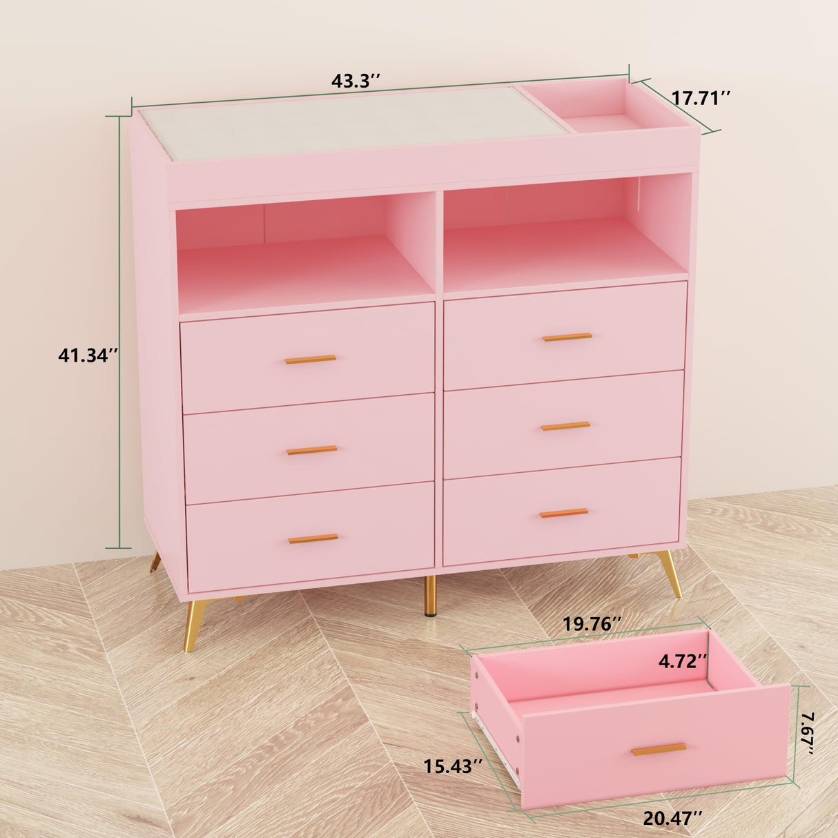 Patikuin Dresser for Bedroom with LED Lights and Power Outlet, Baby Changing Table Dresser with 6 Drawers, 2 Open Storage Shelves, Baby Dresser with Changing Table Top, Pink Patikuin