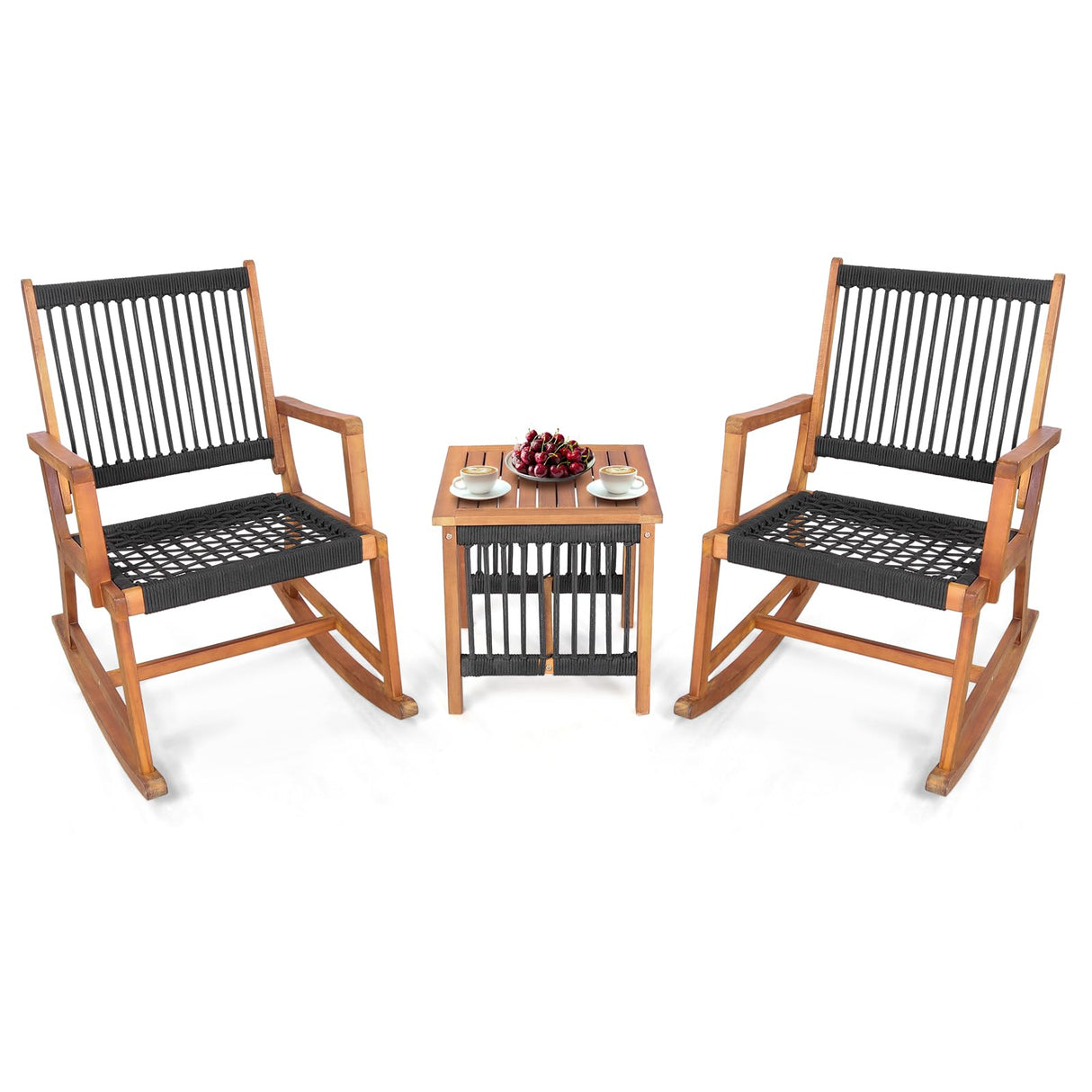Tangkula 3 Pieces Acacia Wood Rocking Bistro Set, All-Weather Rope Woven Patio Furniture Set with Coffee Table, Outdoor Conversation Set for Front Porch, Deck, Balcony (Black & Natural) Tangkula