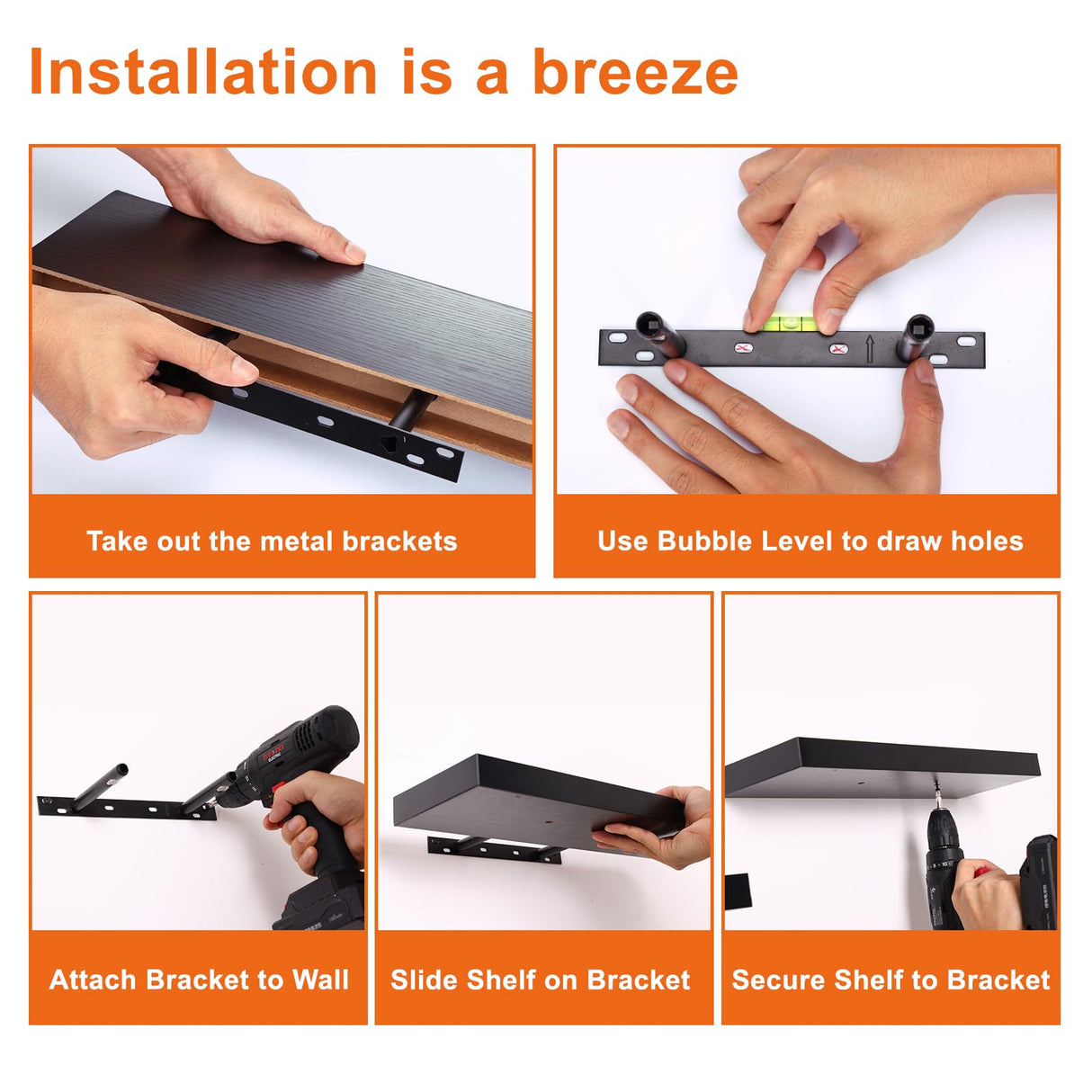 Fixwal Floating Shelves for Wall, Wall Mounted Rustic Wood Shelves for Bathroom, Living Room, Bedroom and Kitchen, Wall Shelves for Storage,Books,Room Decor (Black, Set of 4, 15.8 Inch) Fixwal