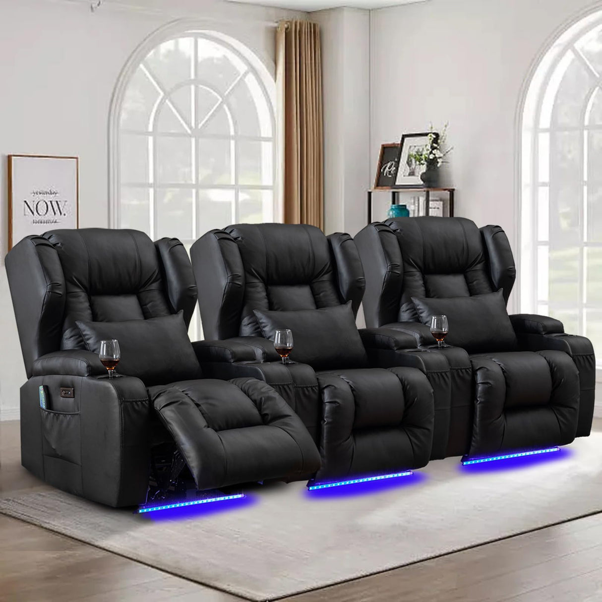 Oprisen Power Recliner Chair Set of 3 Overstuffed Home Theater Seating w/Heat Massage Electric Movie Gaming Sofa Reclining Sleeper Chair with LED Light/Lumbar Pillow/USB Port/Cup Holders Oprisen