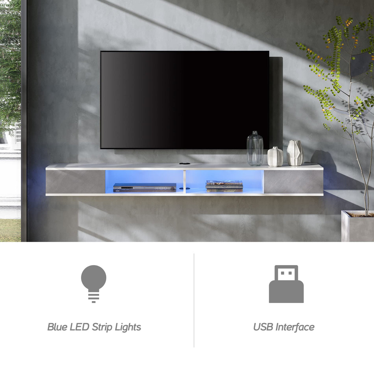 WAMPAT Floating 70 inch TV Stand with Blue LED Lights, Entertainment Center Media Console, Wall Mounted Shelf Media Console Cabinet with Storage for 65/70/75 inch TVs, White&Grey WAMPAT