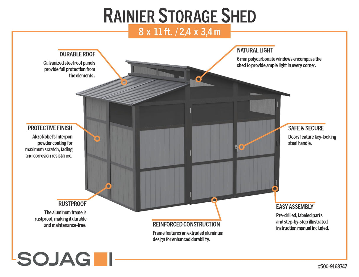 Sojag Rainier Aluminum Frame Storage Shed, Galvanized Steel Roof for Equipment Protection, Polycarbonate Panels for Natural Light, 8' x 11' Sojag