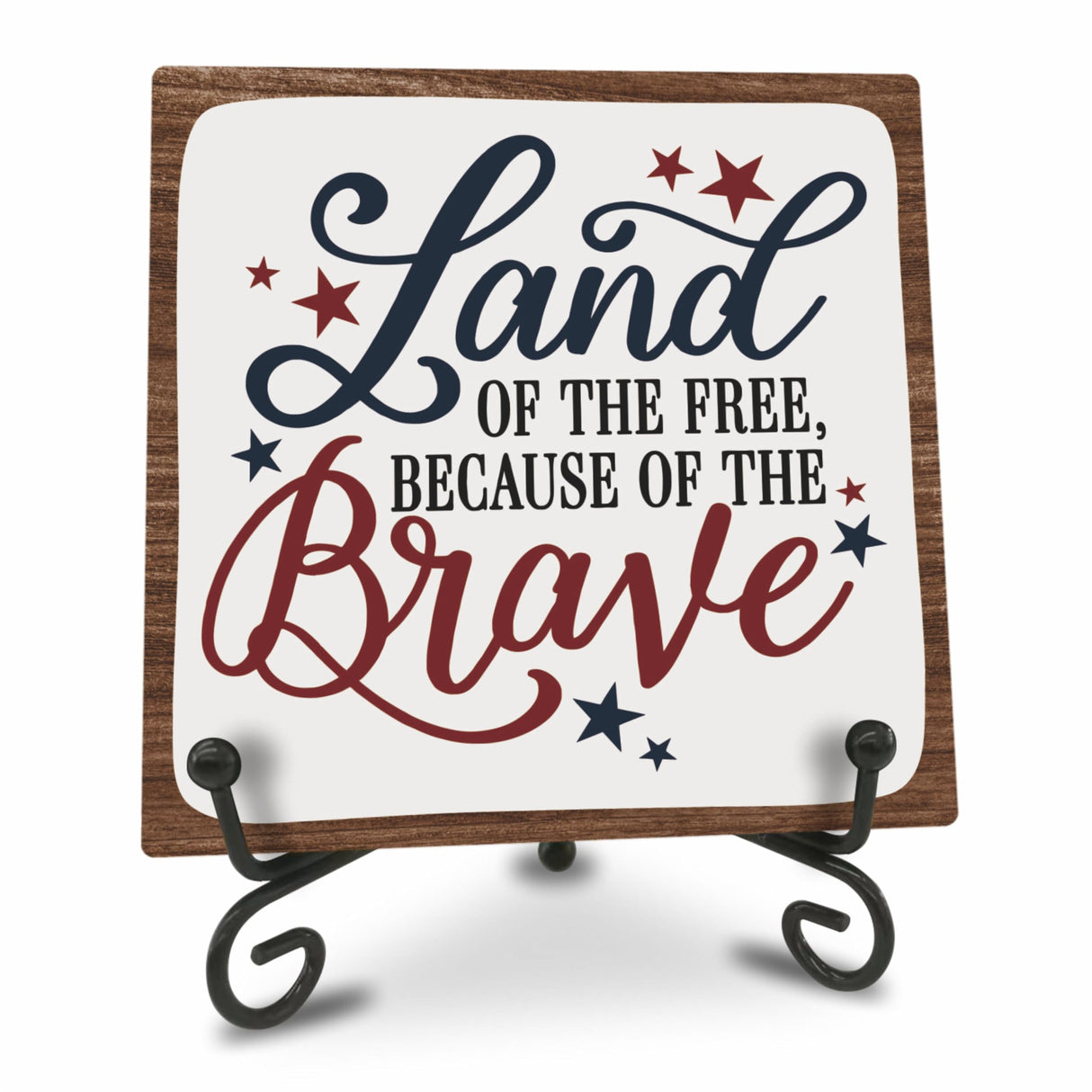 July 4th Wooden Plaque With Iron Stand - Free & Brave - 4"X4" Wood Sign For Memorial Day, America Patriotic Tabletop Signs, Shelf, Desk Decorations, Party Supplies - 07 Ketsord