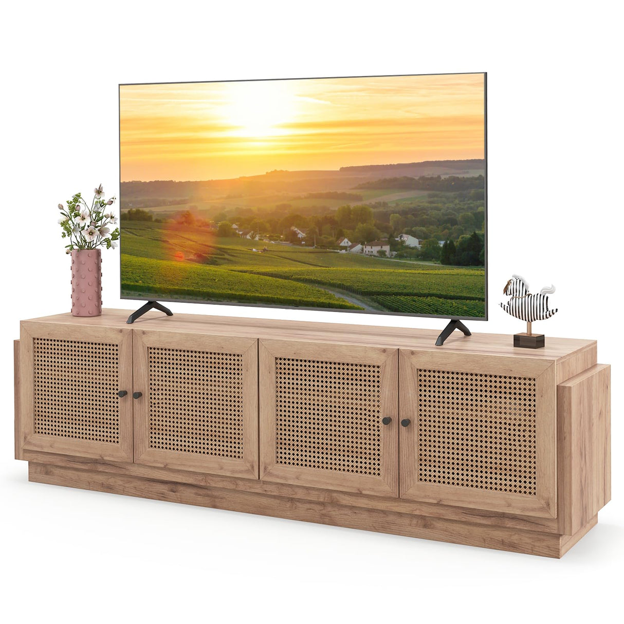 Tangkula Farmhouse TV Stand for TVs Up to 75-Inch, PE Rattan Entertainment Center with Storage and Adjustable Shelves, Mid Century Modern TV Console with 2 Cabinets and 8 Cable Holes for Living Room Tangkula