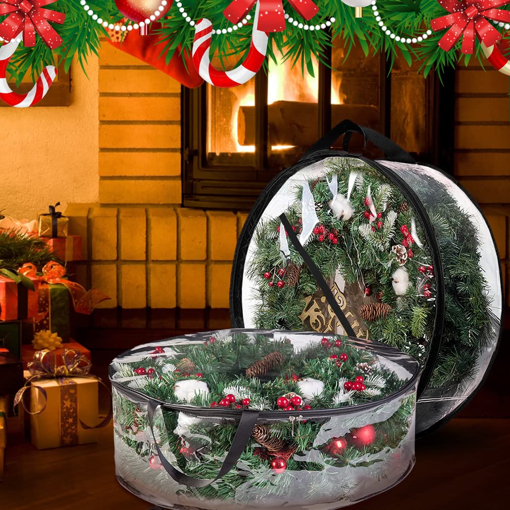 ProPik Christmas Wreath Storage Bag 30" - 2 Pack Clear Christmas Wreath Storage Container- Garland Holiday Artificial Wreath Storage Holder –Water Proof Transparent Clear PVC (30 Inch, Black) ProPik