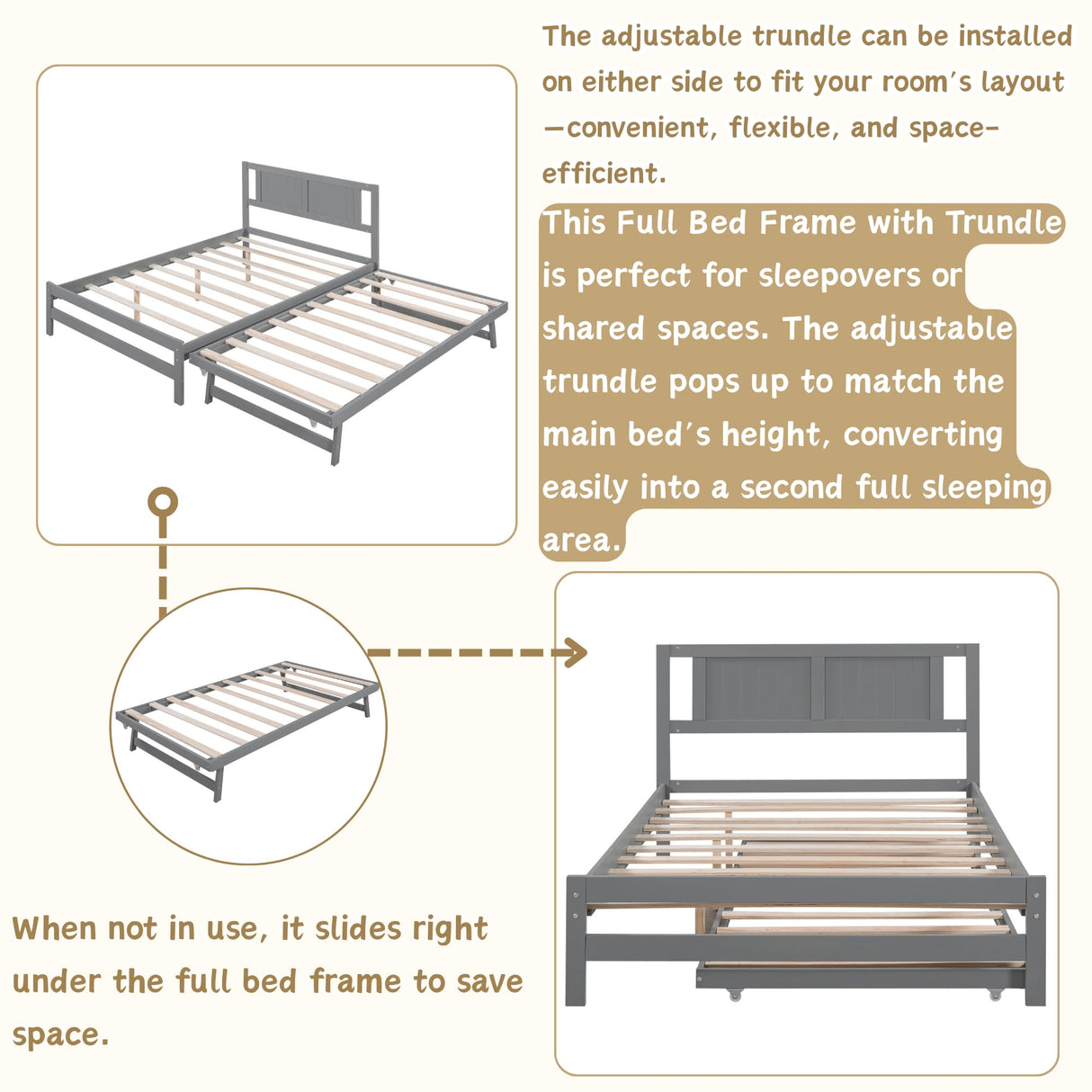 MERITLINE Full Size Bed Frame with Headboard,Wood Full Bed with Adjustable Trundle Bed, Extendable Bed Frame to 2 Beds for Kids Teens Adults (Grey) MERITLINE