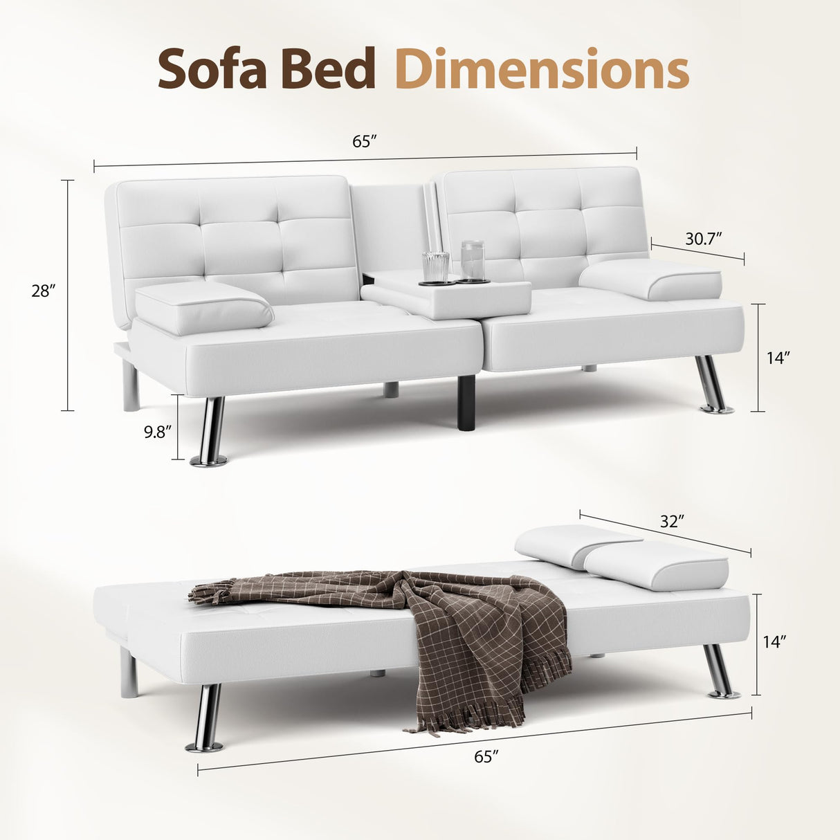 Shahoo Convertible Folding Futon Sofa Bed Sleeper Couch for Living Room Faux Leather Upholstered Loveseat w/Removable Armrests, Metal Legs, 2 Cup Holders, White Shahoo