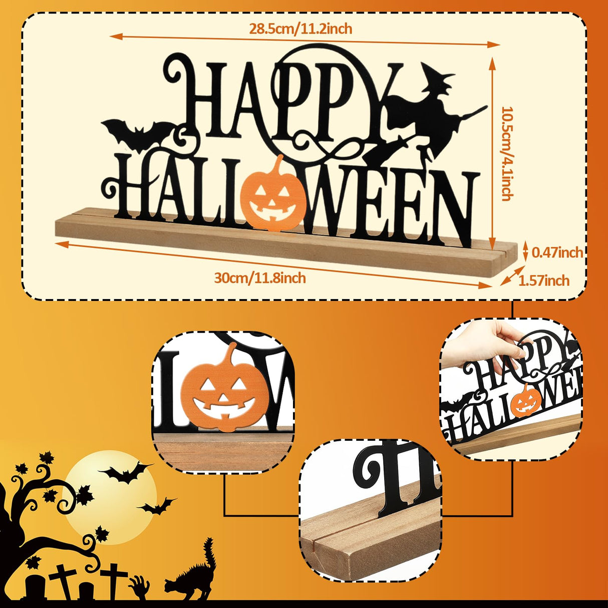 Realspring Happy Halloween Table Decor Farmhouse Tabletop Block Sign Rustic Tiered Tray Decor with Wooden Base Freestanding Metal Word Sign and Wooden Pumpkin Cutout for Home Table Shelf Office Realspring