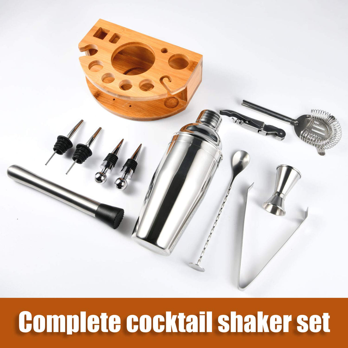 Esmula Bartender Kit with Stylish Bamboo Stand, 12 Piece 25oz Cocktail Shaker Set for Mixed Drink, Professional Stainless Steel Bar Tool Set, Gift for Man Dad- Cocktail Recipes Booklet (Silver) Esmula