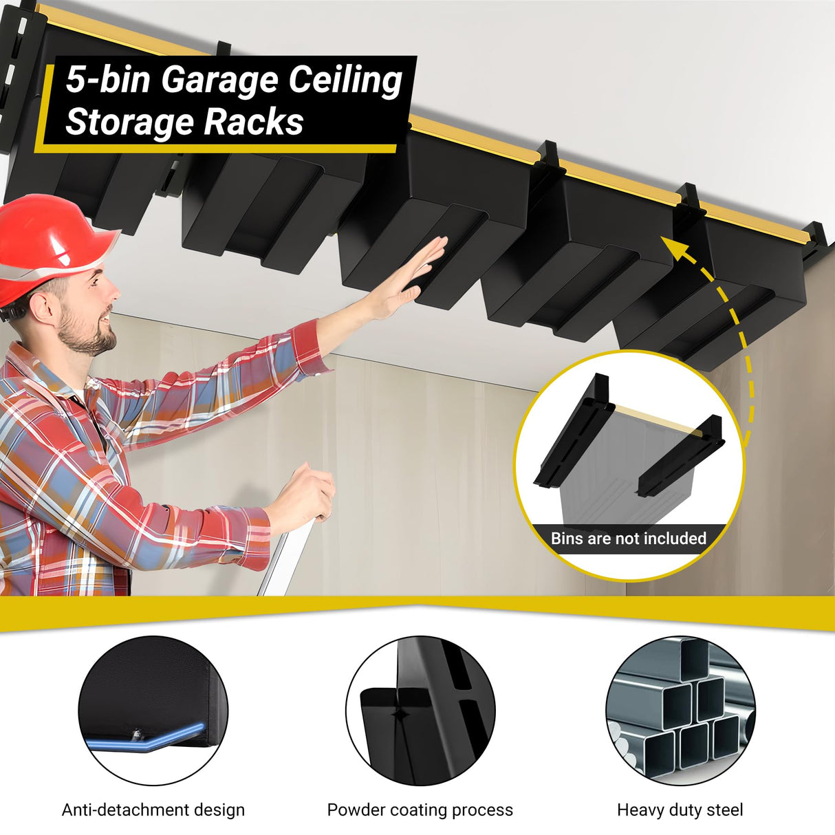 Eastrexon 5-bin Overhead Garage Storage Rack, Heavy Duty Ceiling Storage Racks, Powder Coated Tote Storage Rack for Garages, Sheds, Storerooms (6 PCS, for 5 Bins) Eastrexon