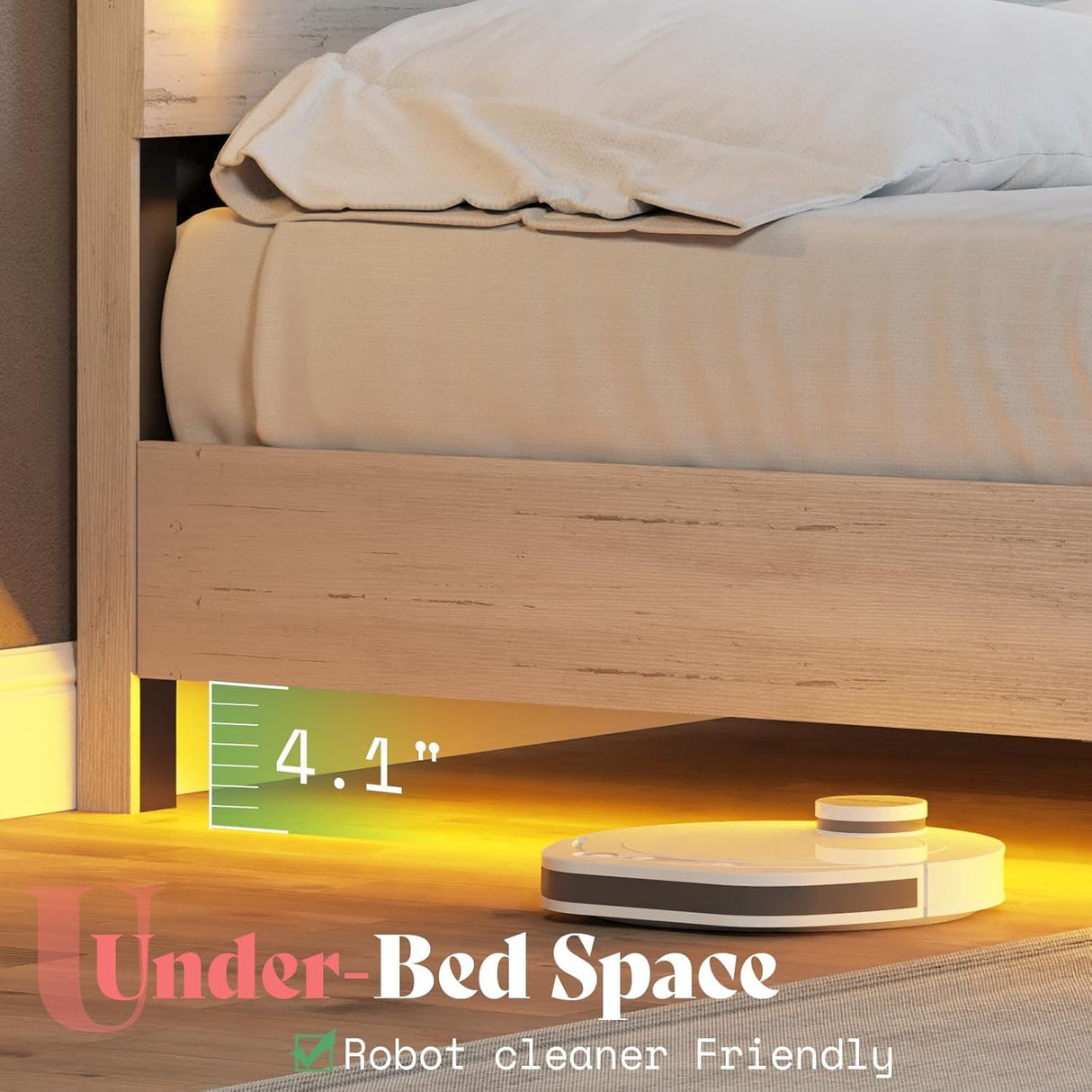 AMERLIFE Distressed White King Floating Bed Frame with LED Mood Lighting and Recline Headboard AMERLIFE