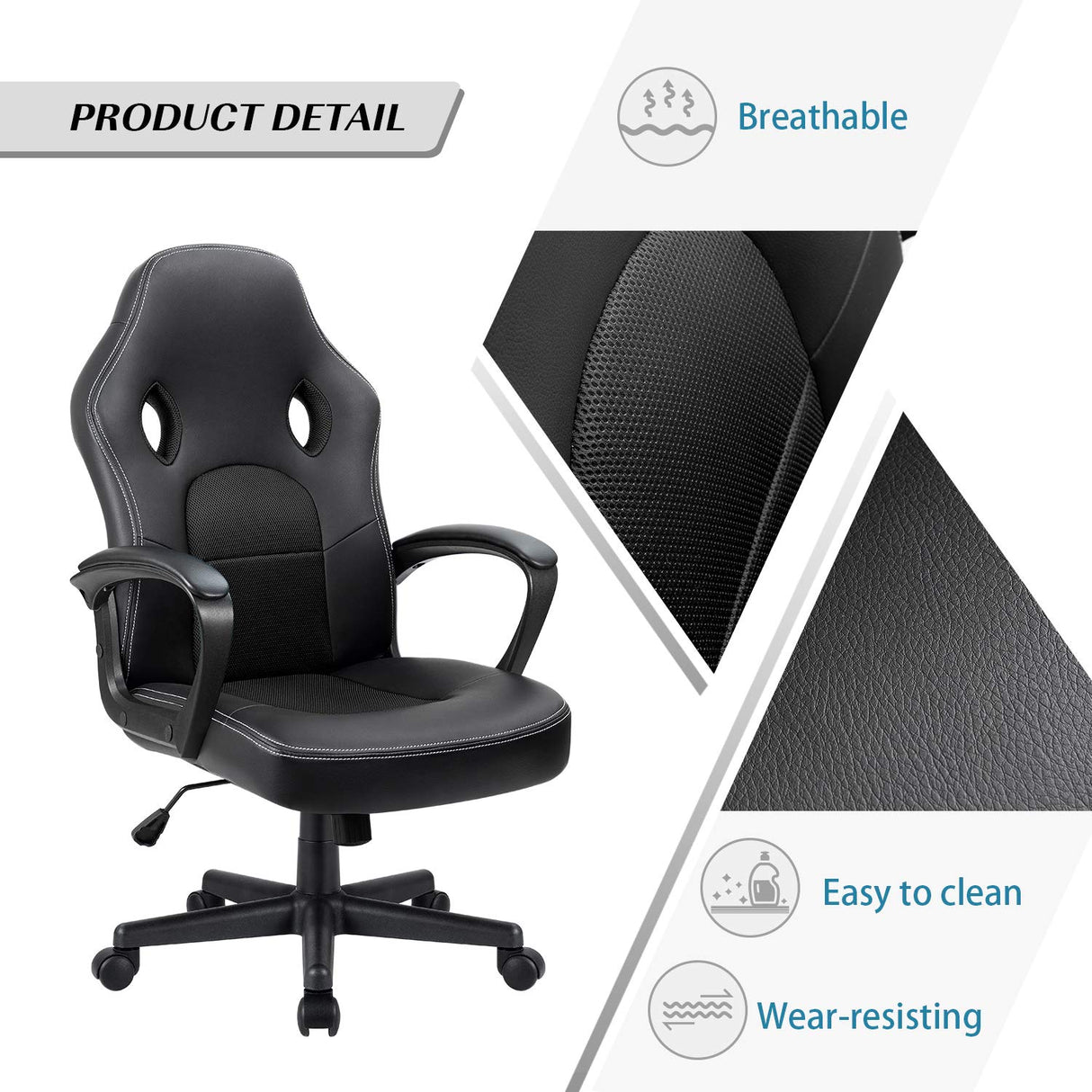 Furmax Gaming Chair Office Chair Leather Computer Desk Chair Racing Style Ergonomic Adjustable Swivel Task Chair with Lumbar Support and Arms (Black) Furmax