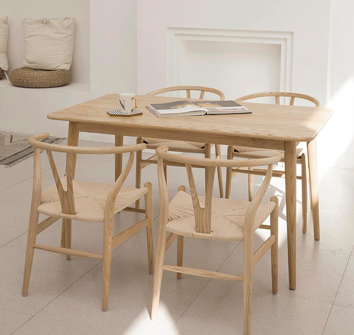 VODUR Wishbone Chair Natural Solid Wood Dining Chair/Hans Vegner Y Chair Rattan and Wood Accent Armrest Chair (Ash Wood + Natural Wood Color - 1 VODUR