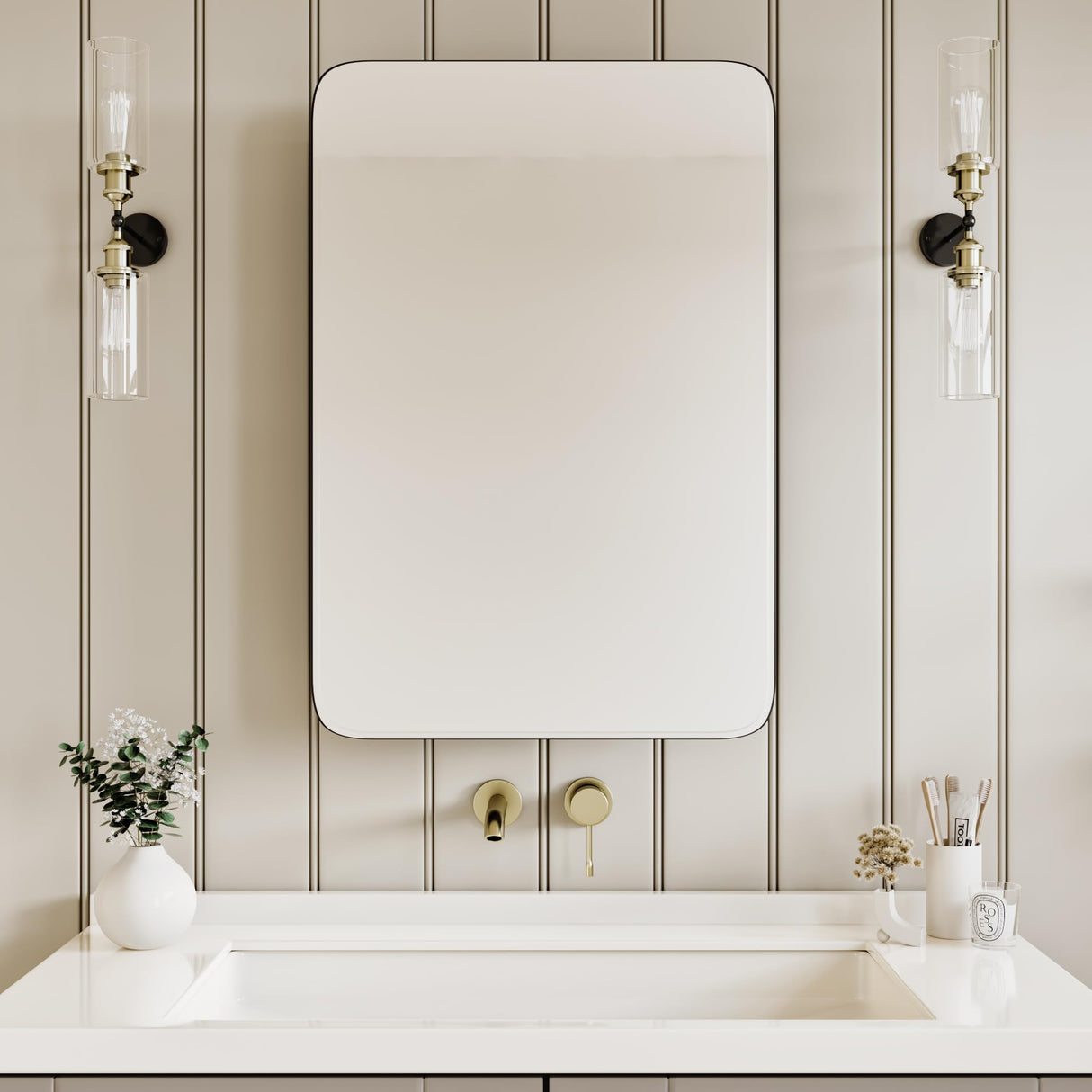 AGDULL Vintage-Style Bathroom Wood Black Cabinet with 17.5''x29'' Curved Mirror, Recessed Medicine Cabinet, Bathroom Storage Cabinet AGDULL