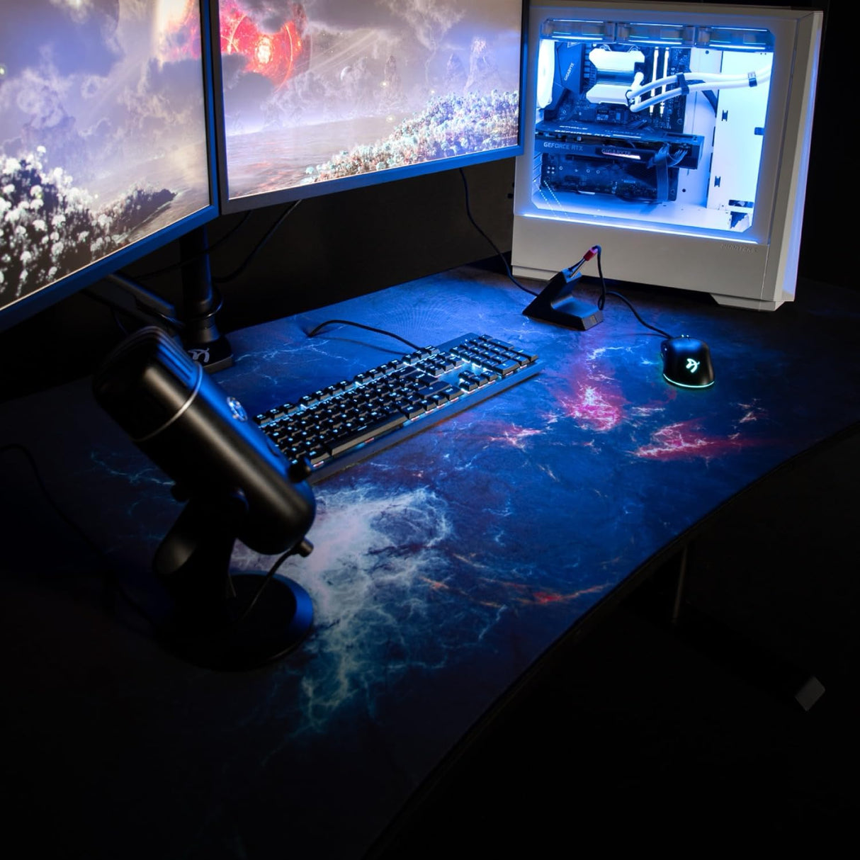 Arozzi Arena Special Edition Ultrawide Curved Gaming and Office Desk with Full Surface Water Resistant Desk Mat Custom Monitor Mount Cable Management Cut Outs - Omega Arozzi