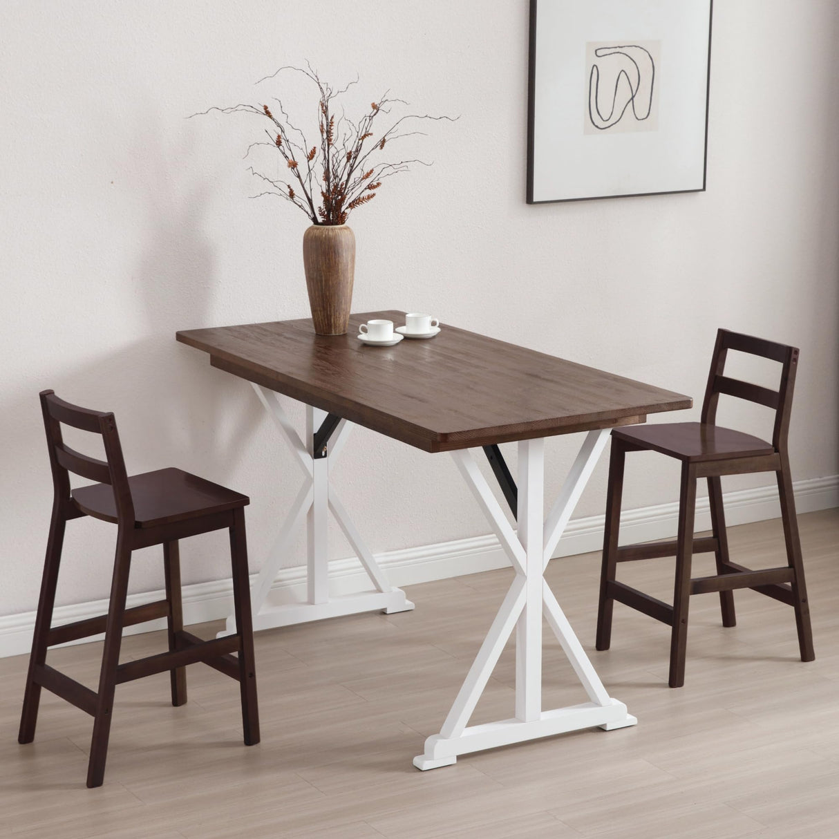 Janoray Counter Height Bar Stools Set of 2 Farmhouse Counter Stools with Ladder Back 26-Inch Solid Wood Barstools for Kitchen Island/Pub/Cafe, Brown Janoray