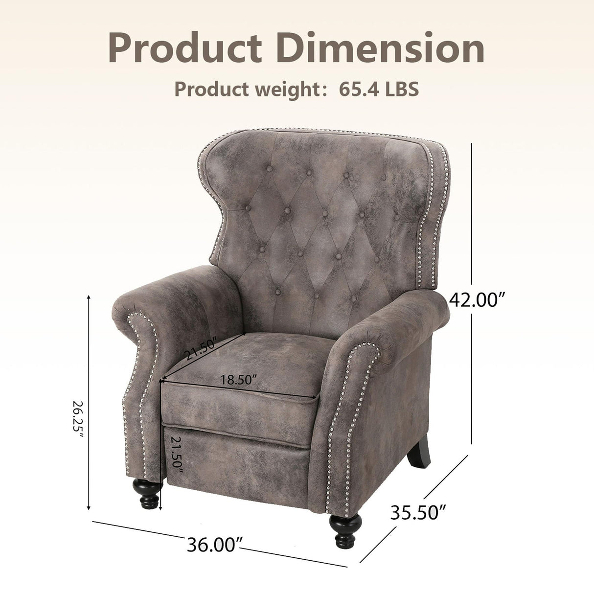 Pushback Recliner Chair, Fabric Armchair Push Back Recliner with Rivet Decoration, Mid Century Wingback Accent Chair for Living Room, Bedroom, Stable Hump Feet (Brown Gray) anwickjeff