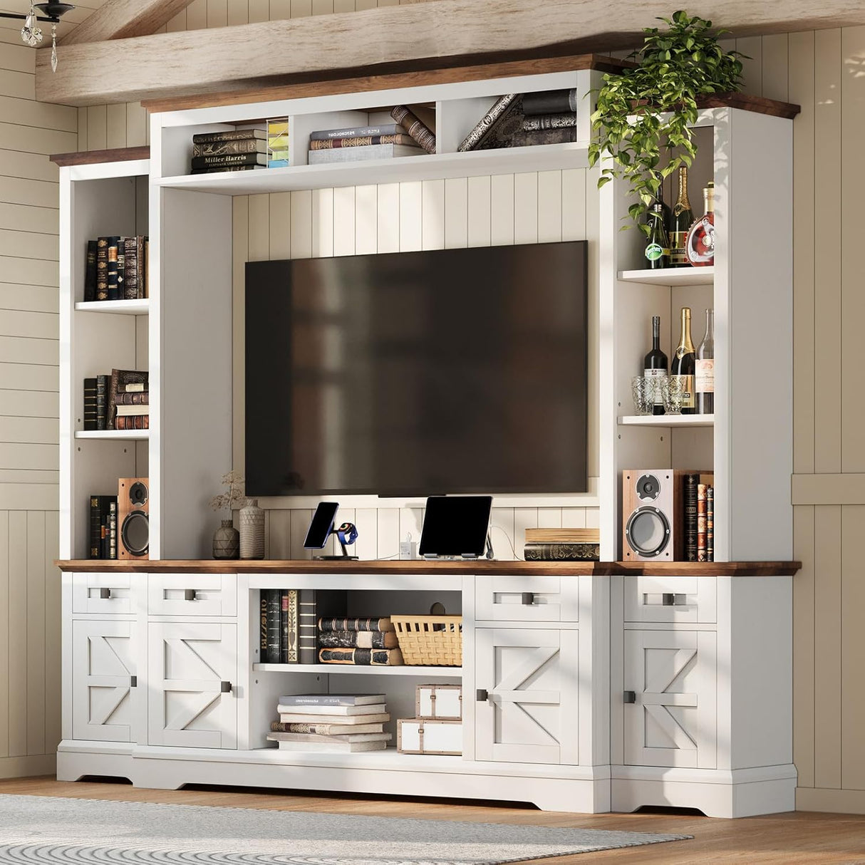 AMERLIFE 98" Farmhouse Entertainment Center Wall Unit with Bookshelves, Wine Cabinet, Fits 78" TVs, Large TV Stand with Power Outlets & Barn Door, Rustic Media Console for Living Room, White AMERLIFE