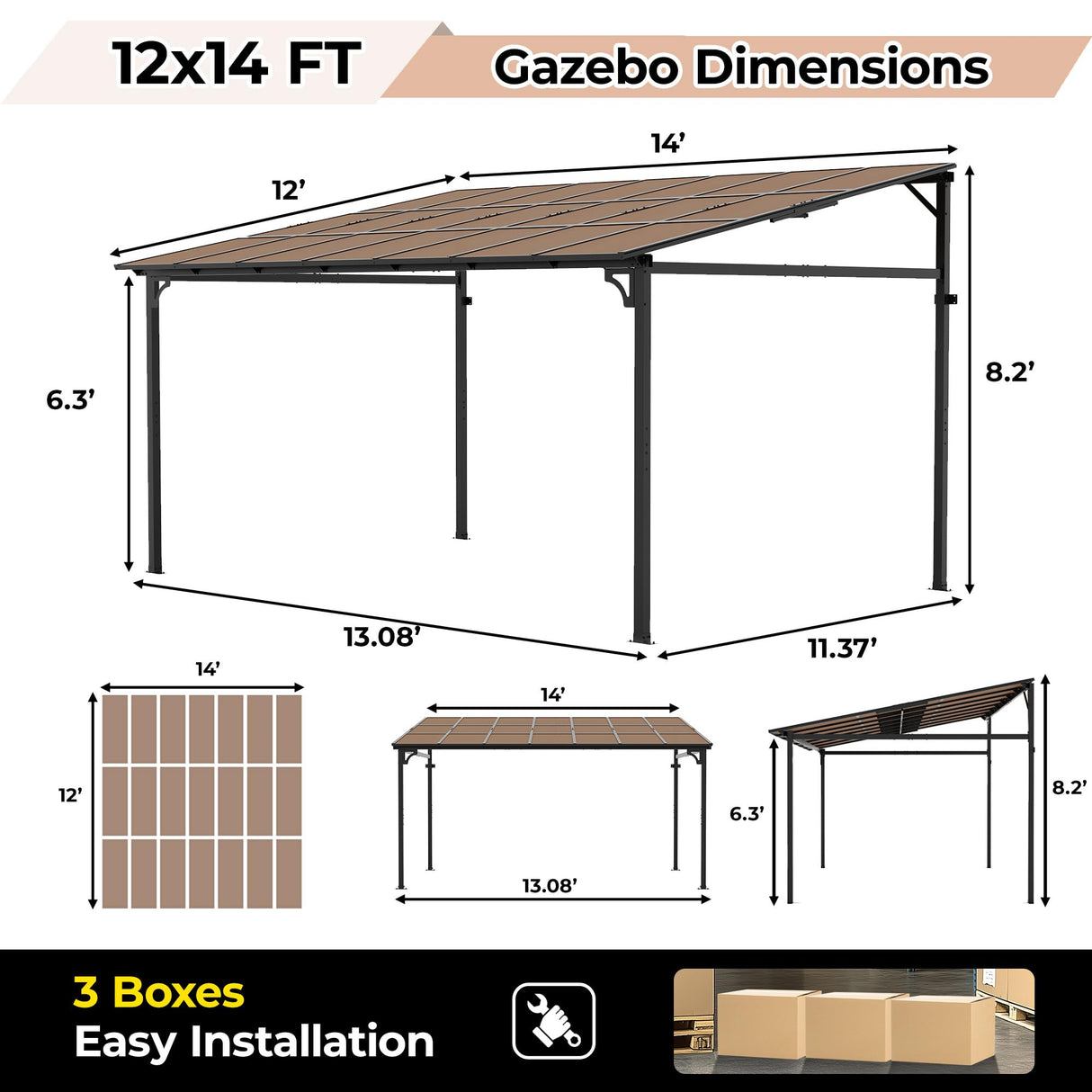 12' x 14' Gazebo for Patio, Large Wall Mounted Gazebos Pergola with Metal Frame, Hard Top Lean to Pergola, Outdoor Patio Lean to Metal Awnings Gazebos for Deck, Porch, Backyard Reljofum