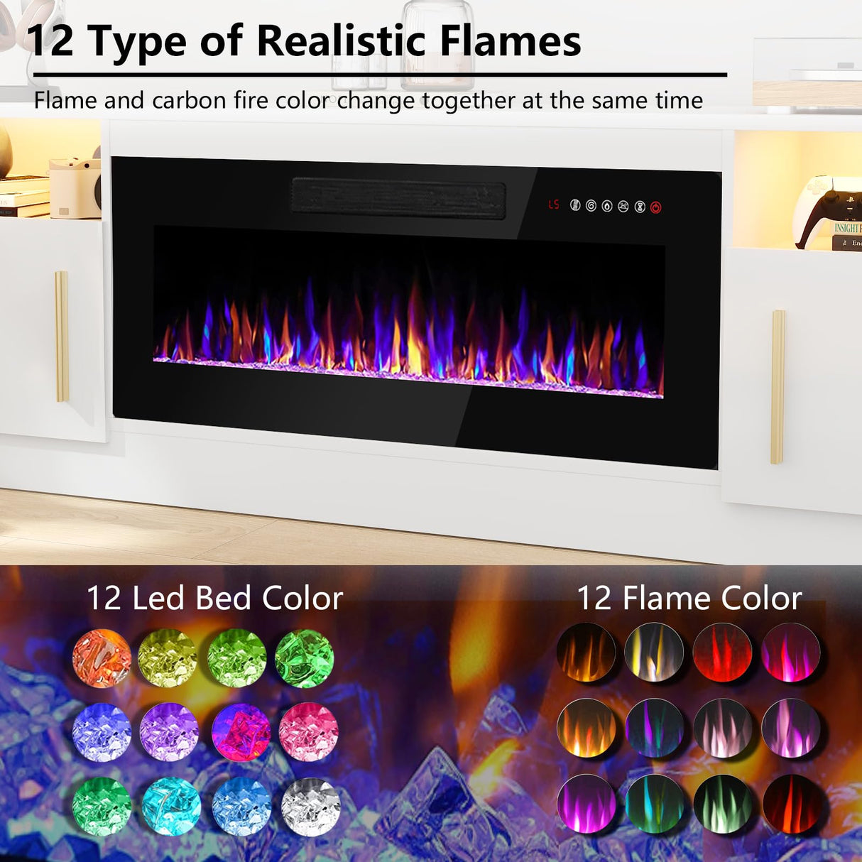 PRETZI Fireplace TV Stand with 36" Fireplace Up to 80" TVs,70" Entertainment Center with LED Lights,Remote Control,TV Media Console with Storage Cabinets for Living Room, White PRETZI