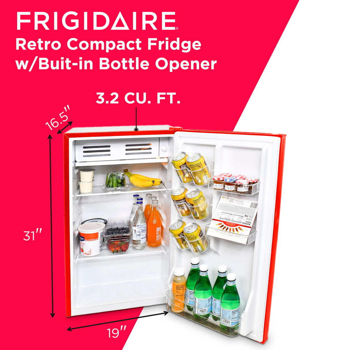 Frigidaire Retro Compact Fridge with Chiller, 3.2 cu ft Countertop Fridge with Built-In Bottle Opener, Compact Refrigerator for Office, Bedroom, Dorm Room or Cabin - 16.5"D x 19"W x 31"H (Red) Frigidaire