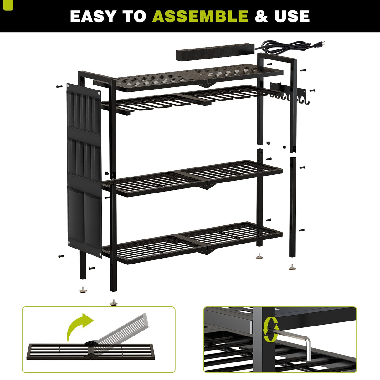 NattyDot Large Power Tool Organizer Cart with Charging Station 8 Drill Holder Garage Storage Standing Heavy Duty and Stability Storage Rack Utility Tool Shelf (Black) NattyDot