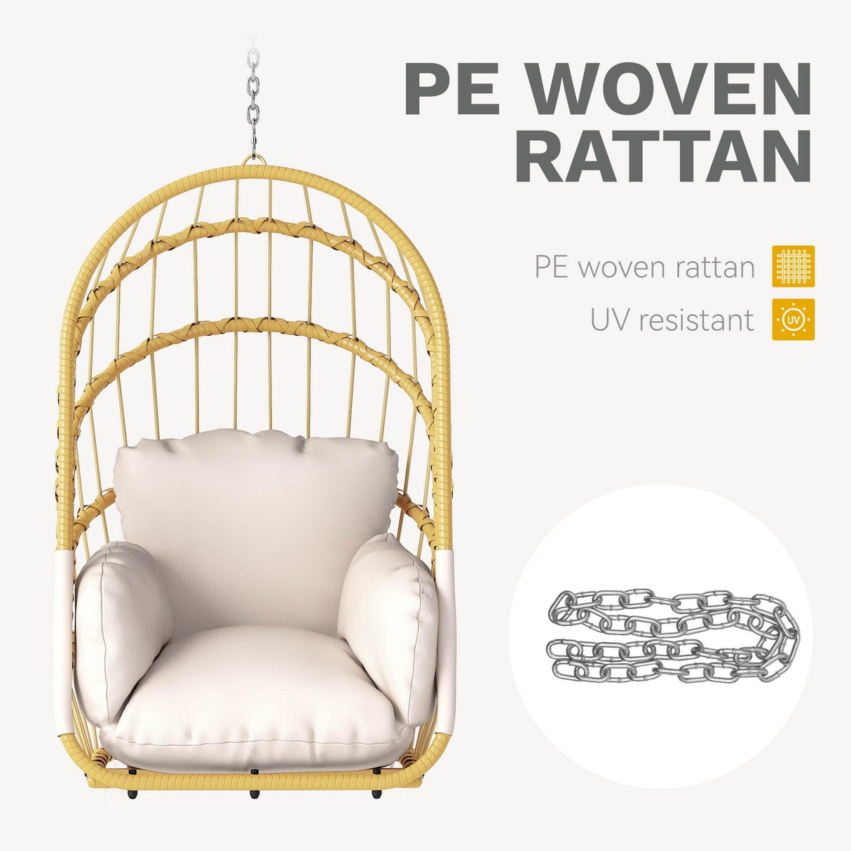 DWVO Foldable Hanging Egg Chair with Cushion, Rattan Wicker Swing Chair Without Stand, 350lbs Capacity, Indoor Outdoor Basket Seat for Balcony, Bedroom, Porch, Garden (Beige) DWVO