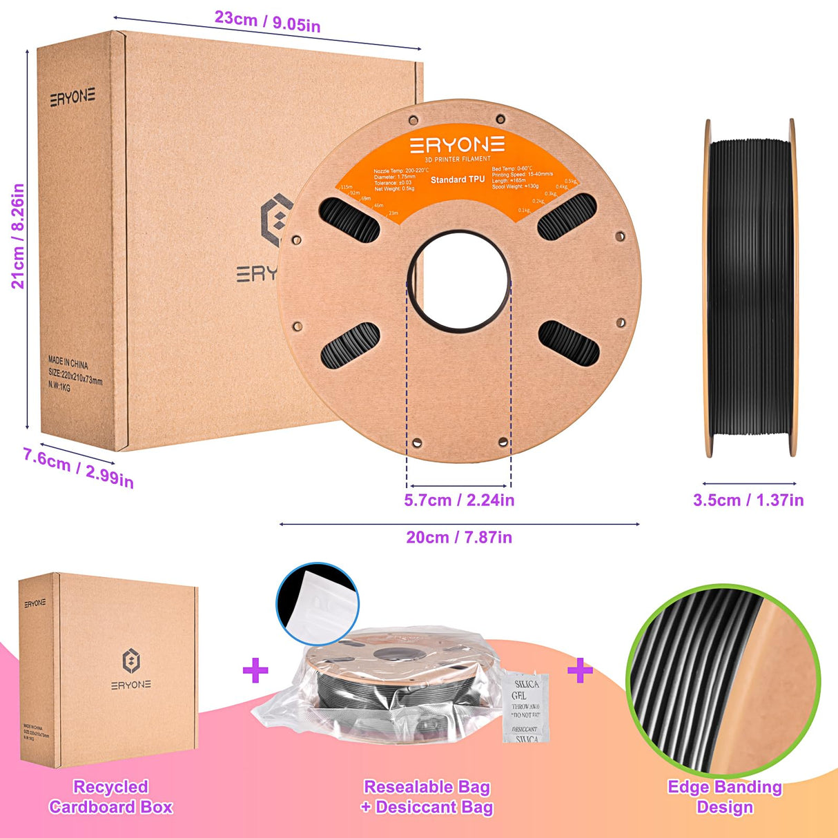 ERYONE TPU Filament 1.75mm +/-0.03mm Flexible TPU Roll, 95A Soft 3D Printer Filament 0.5kg Spool(1.1 lbs), Black ERYONE