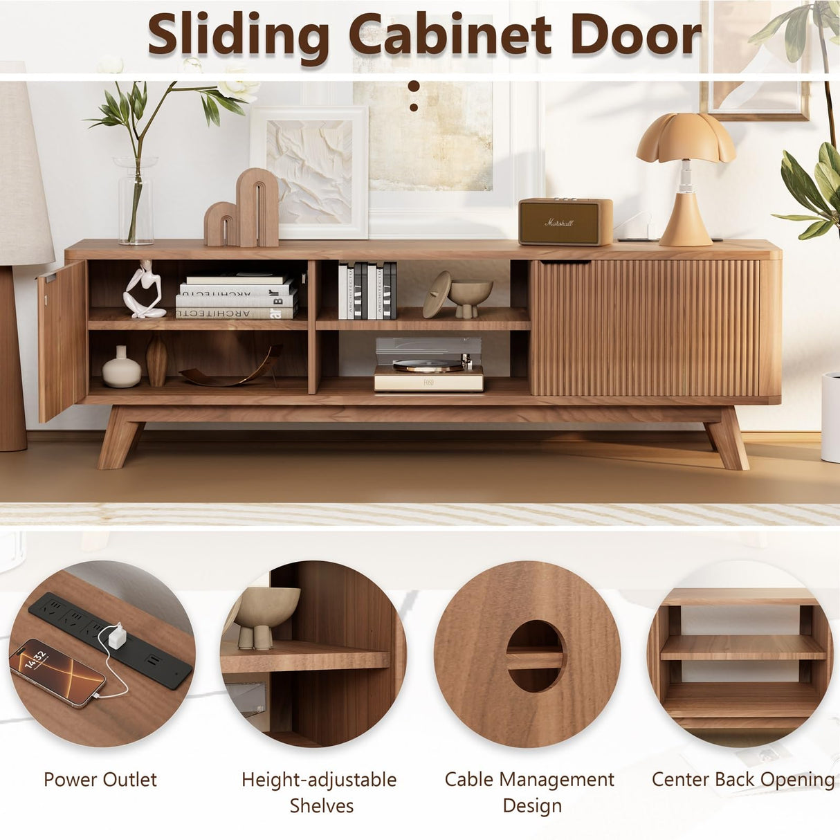 Royal Windsor Modern TV Stand for Living Room,Large TV Table with Fluted Door Cabinets and Open Shelves,Entertainment Center with Storage and TV Mount,Media Console Cabinet with Socket,Reddish Brown Royal Windsor