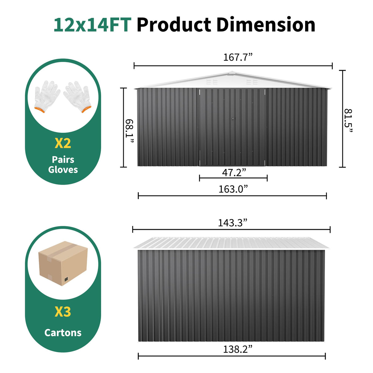 VIWAT 12x14 FT Outdoor Storage Shed, Metal Shed with Updated Frame Structure and Lockable Doors, Large Shed Upgrade Height Ideal for Garden, Backyard, Patio Utility and Tool Storage, White VIWAT
