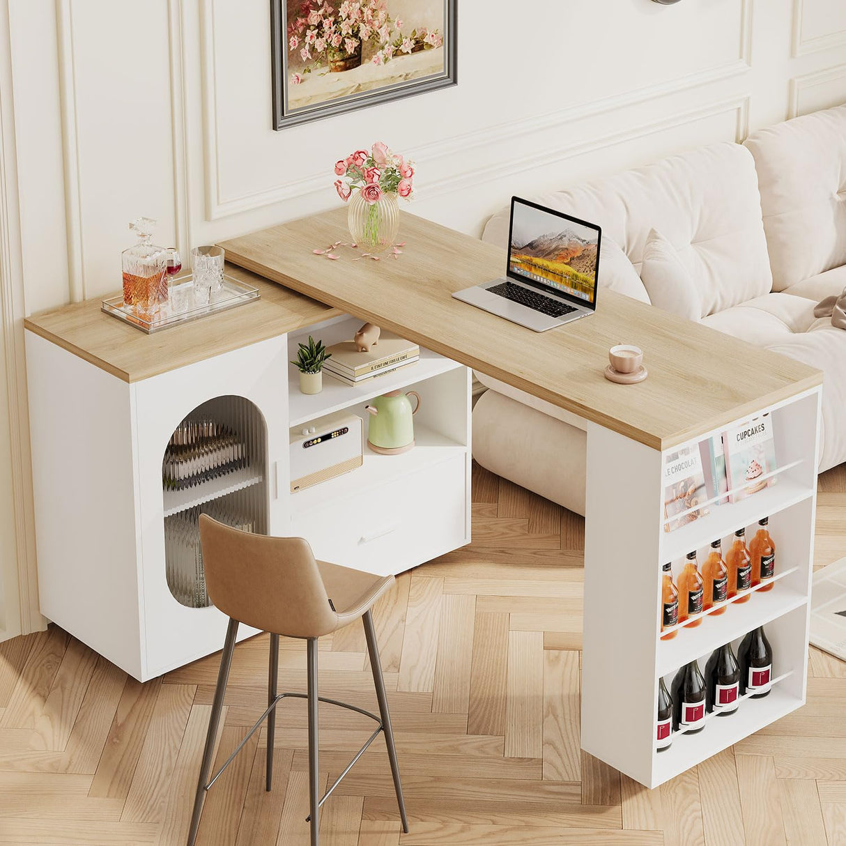 HSH 72.4” Rolling Kitchen Island with Swivel Table, Storage Cabinet, Drawers & Shelves, White Modern Mobile Island Cart on Wheels, Farmhouse Wood Island Table for Kitchen, Dining Room, Home Bar HSH