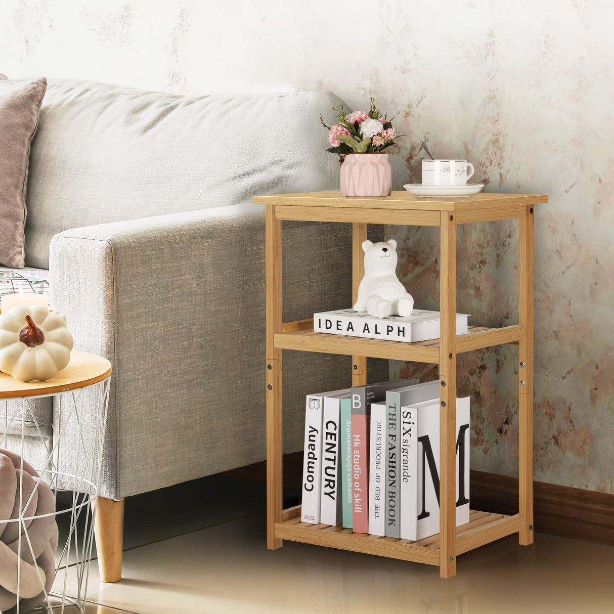 ETELI Nightstand Bamboo 3 Tier Side Table with Storage Shelf Small Bedside Table for Small Space Bedroom Living Room Bathroom Balcony ETELI