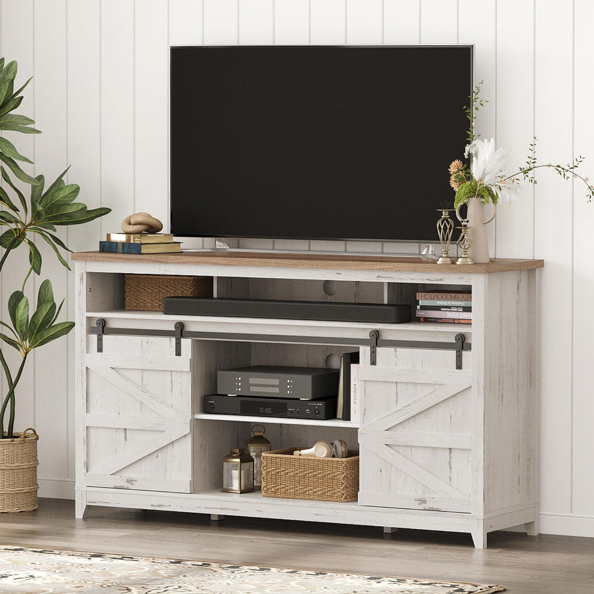 Lifewit Farmhouse TV Stand for up to 65" TV, 33.4" Tall Entertainment Center with Ajustable Shelves, Sliding Barn Door and Open Storage Spaces, TV Console for Living Room, Bedroom, Rustic White Lifewit