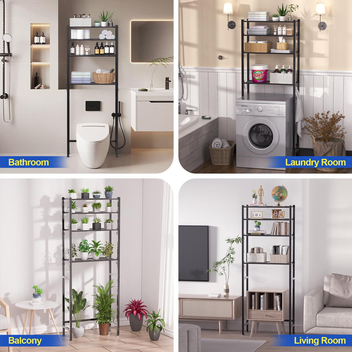 samstar 4 Tier Over The Toilet Storage Rack, Bathroom Organizer Shelves Cabinet Above Toilet, with Adjustable Height Freestanding Shelf Space Saver, Black samstar