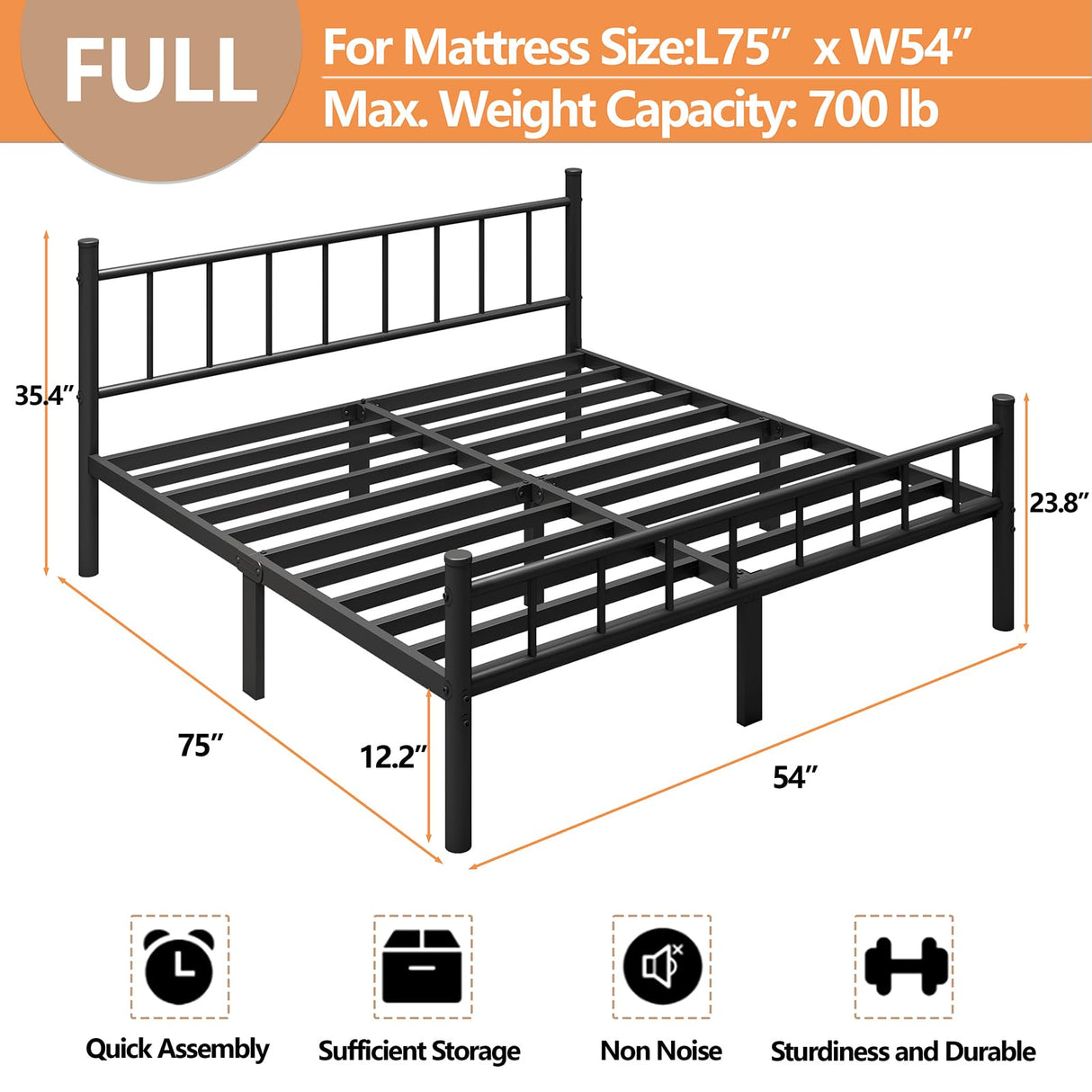 zizin Full Size Metal Bed Frame with Headboard & Footboard 14 Inch Metal Platform Mattress Foundation Support with Steel Slat, Under Bed Storage, No Box Spring Needed zizin